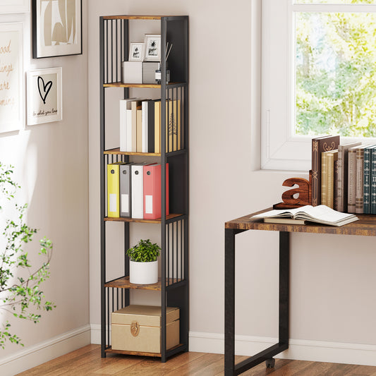 HOMCOM 5 Tier Bookshelf With Steel Frame Rustic Brown Wood Effect Five Open Shelves Anti Tip Straps 60 Kg Capacity