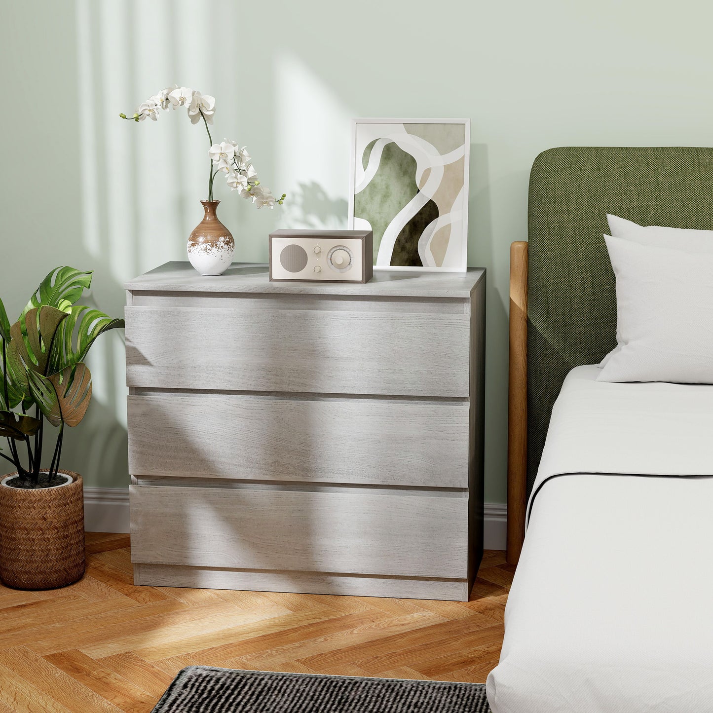 HOMCOM Three Drawer Chest In Grey Wood Effect Made From Particle Board With Flat Top For Bedroom Storage
