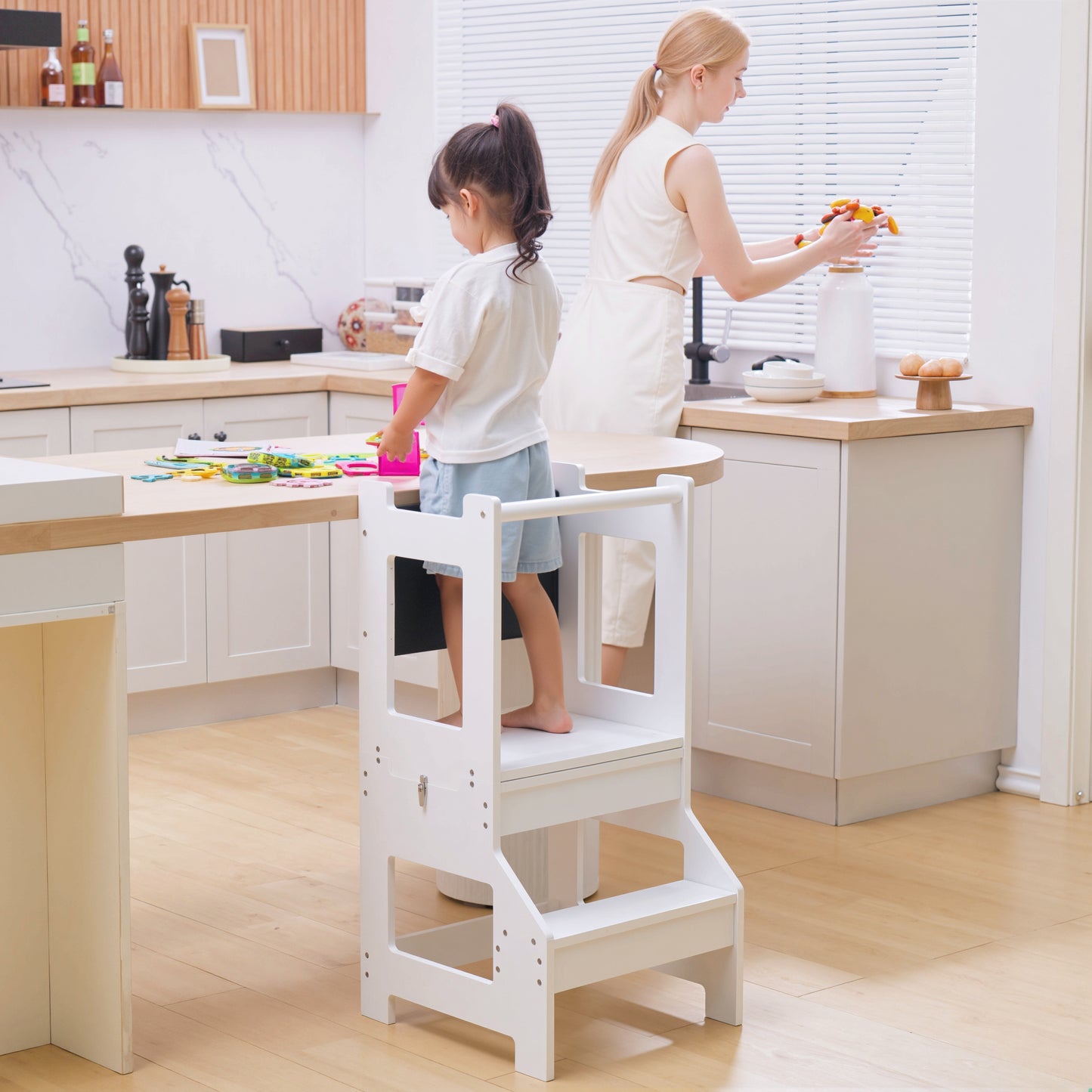 HOMCOM 2 In 1 Foldable Toddler Step Stool With Security Rail And Chalkboard For Kitchen And Bathroom White