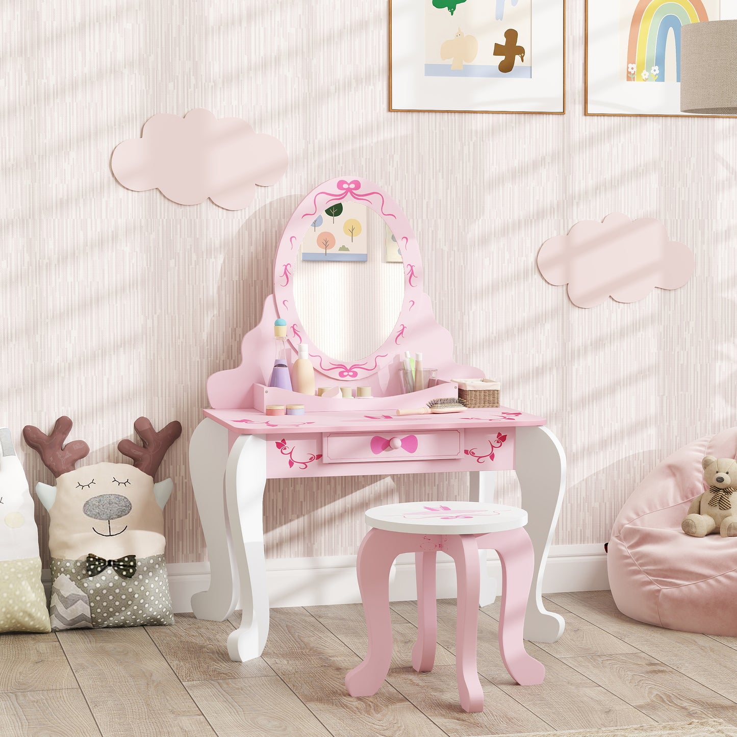 AIYAPLAY Kids Dressing Table Set, Vanity Table With Stool, Mirror, Drawer, Storage, Ballet Theme Pink