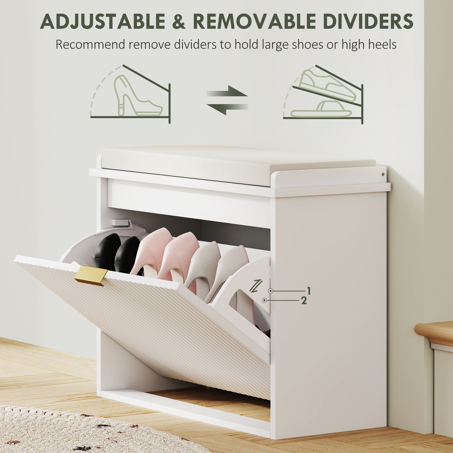 HOMCOM Elegant Six Shoe Bench With Top Seat And 120 Kg Weight Capacity Front Flip Drawer In White