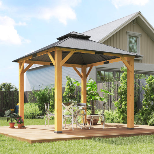 Outsunny 3x3m Outdoor Hardtop Gazebo Canopy With Two Tier Roof And Solid Wood Frame For Patio Garden Grey