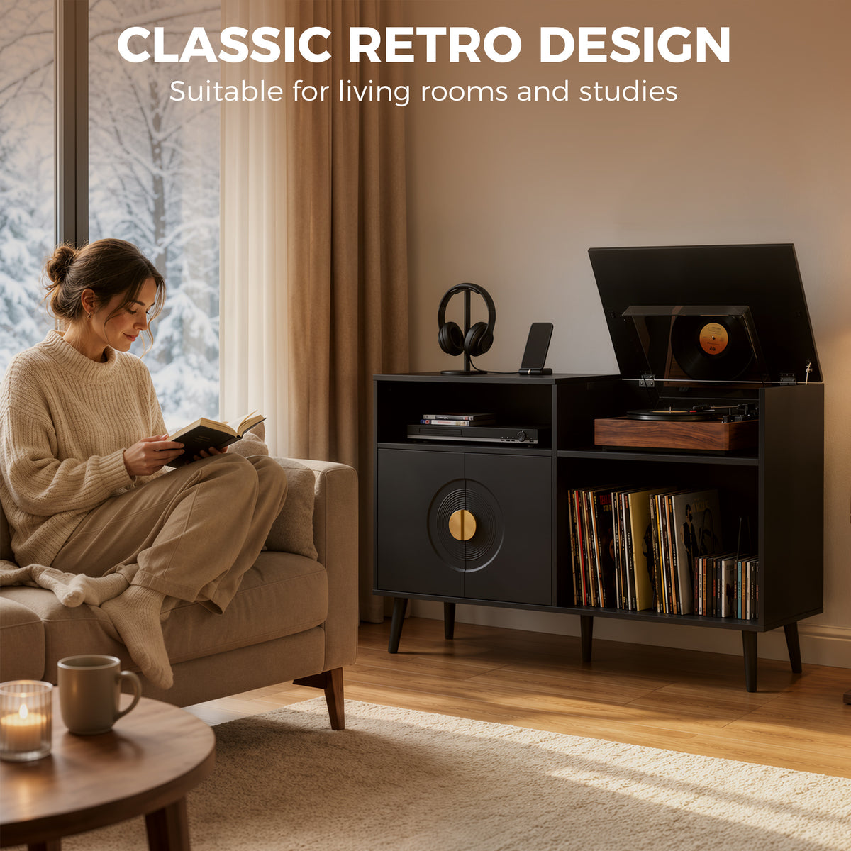 HOMCOM Record Player Stand with Vinyl Storage for 300 Albums and Flip Top