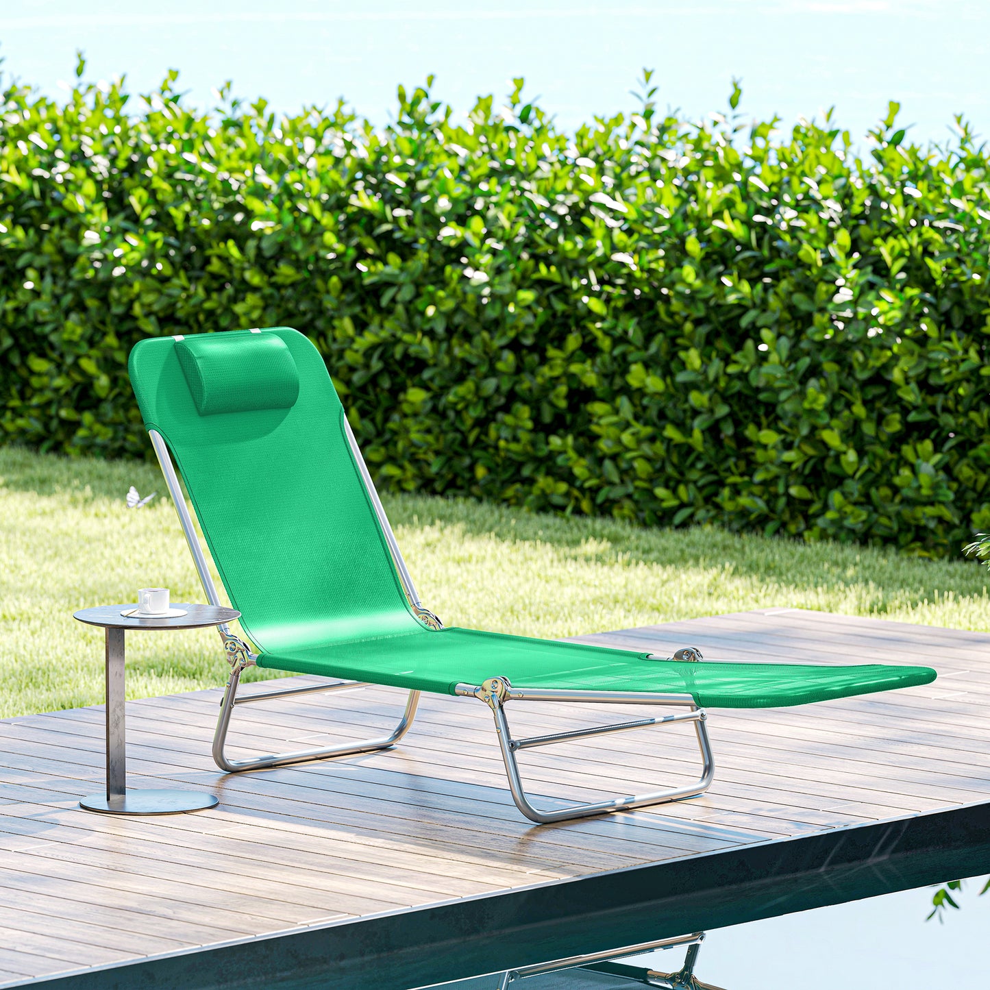 Outsunny Folding Sun Lounger With Steel Frame Reclining Backrest Soft Fabric Seat And Pillow Dark Green