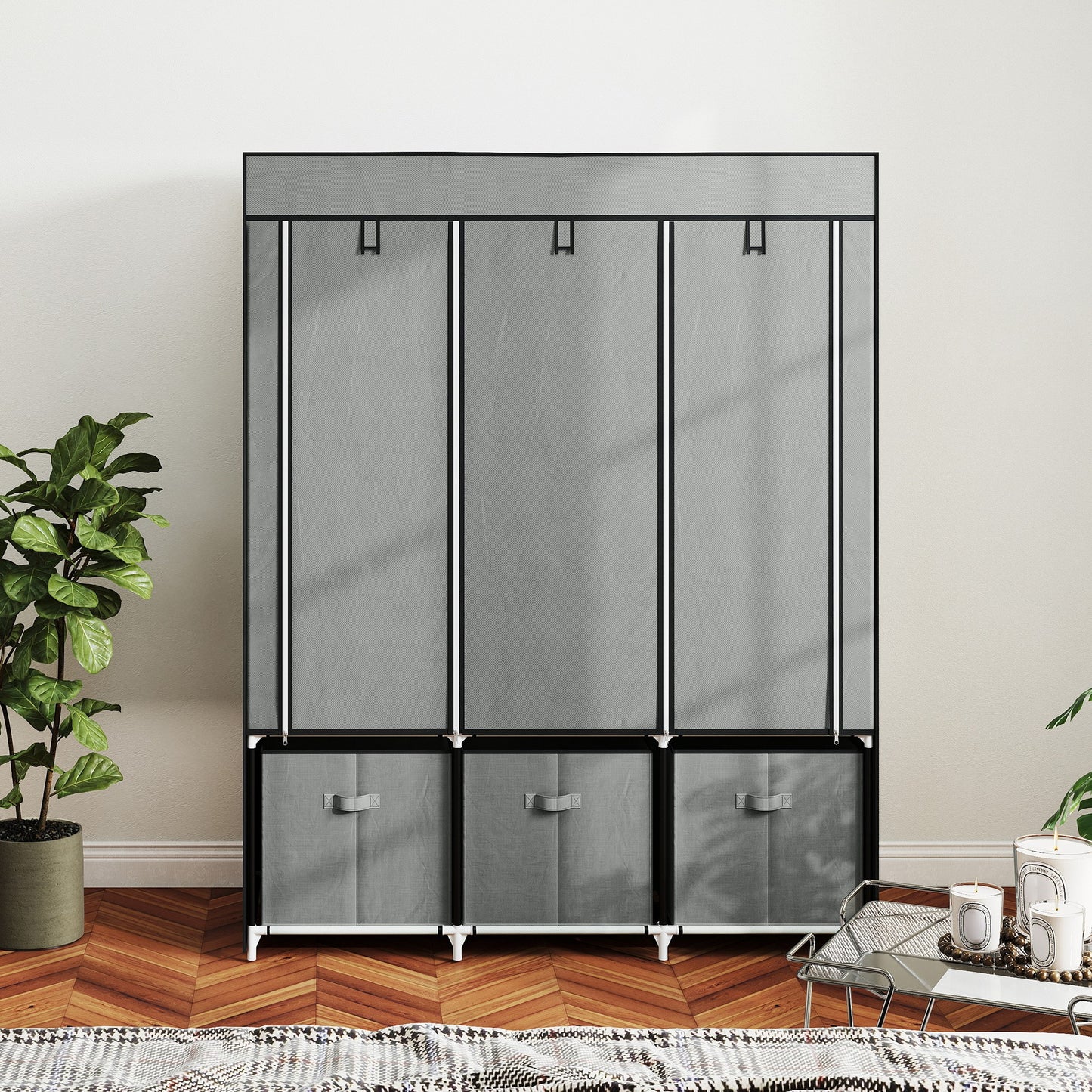 HOMCOM Foldable Fabric Wardrobe For Bedroom Portable Wardrobe 5 Shelves 2 Hanging Rails 3 Fabric Drawers Light Grey