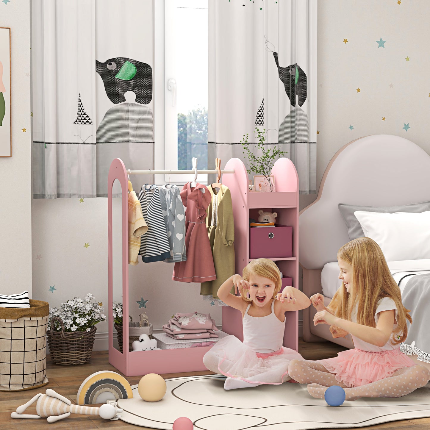 AIYAPLAY Kids Clothes Rail With Storage Shelf Boxes And Mirror For Bedroom And Nursery Pink