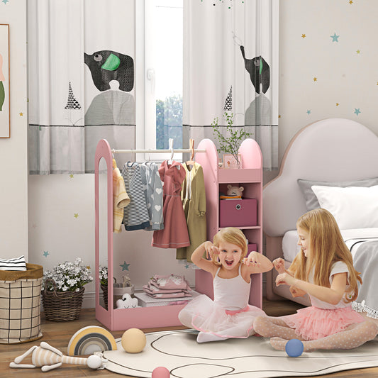AIYAPLAY Kids Clothes Rail With Storage Shelf Boxes And Mirror For Bedroom And Nursery Pink