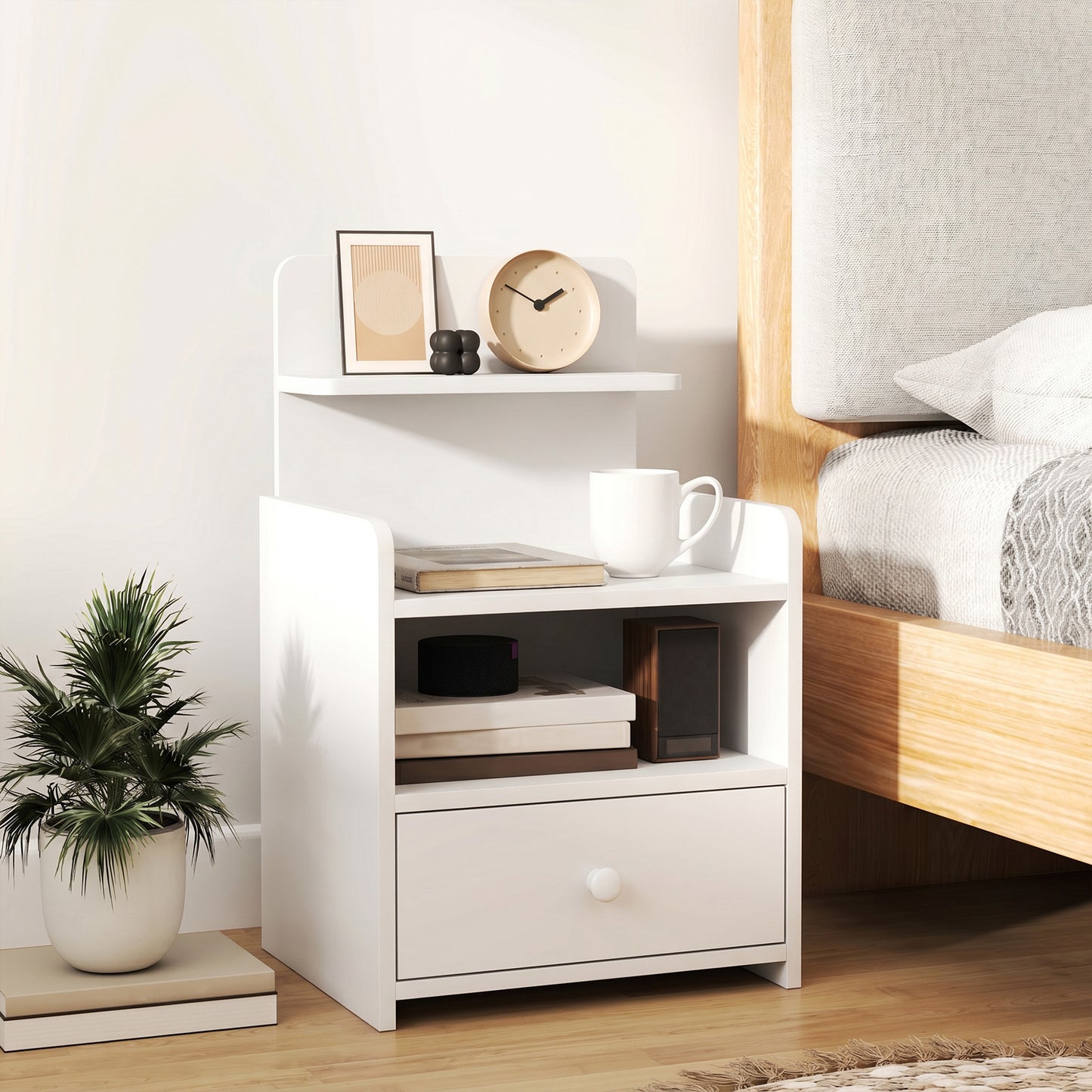 HOMCOM Bedside Cabinet With Drawer And Shelves White Nightstand For Living Room And Bedroom