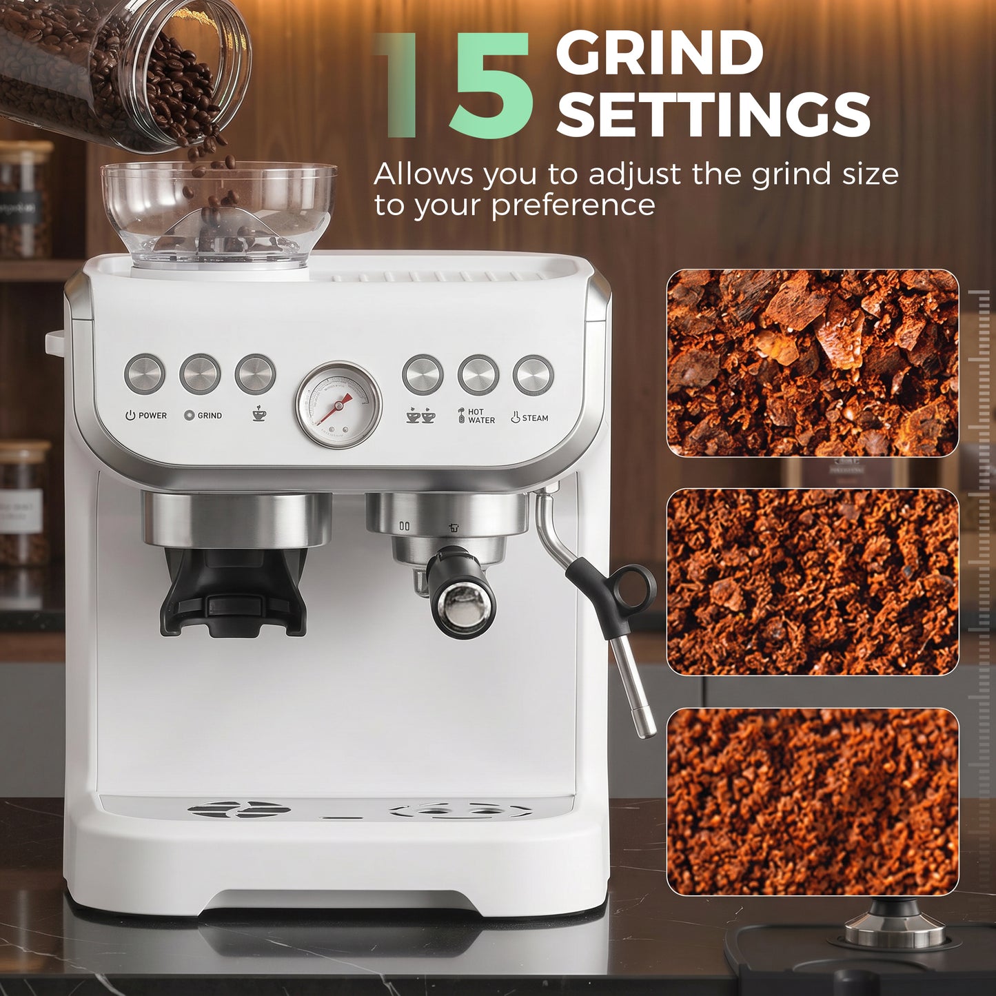 HOMCOM Bean To Cup Espresso Coffee Machine With Integrated Grinder And Steam Wand 15 Bar Pressure White