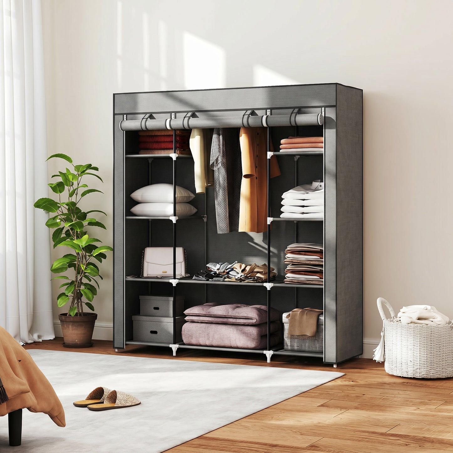 HOMCOM Fabric Wardrobe With Hanging Rail And Ten Shelves Portable Foldable Clothes Storage Dark Grey