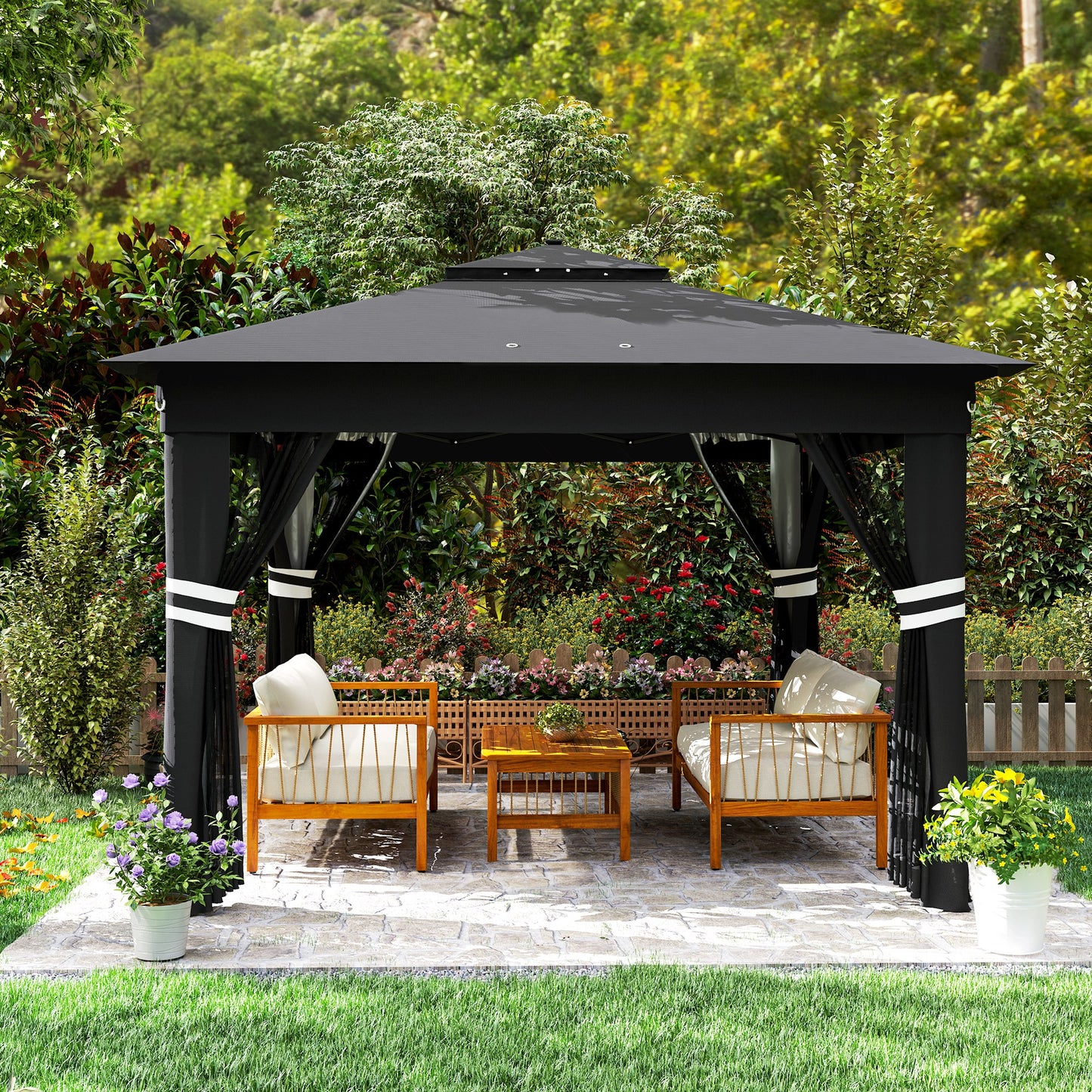 Outsunny 3.36 x 3.36m Pop Up Gazebo With Solar Powered LED Lights Netting Adjustable Height 250 To 270cm Black
