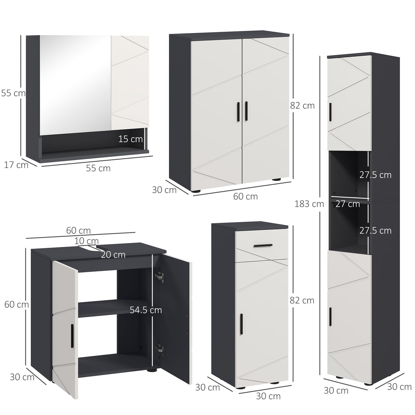 Kleankin 5-Piece Bathroom Furniture Set with Tall & Small Cabinets, Mirror, and Under Sink Unit in Grey - ALL4U RETAILER LTD