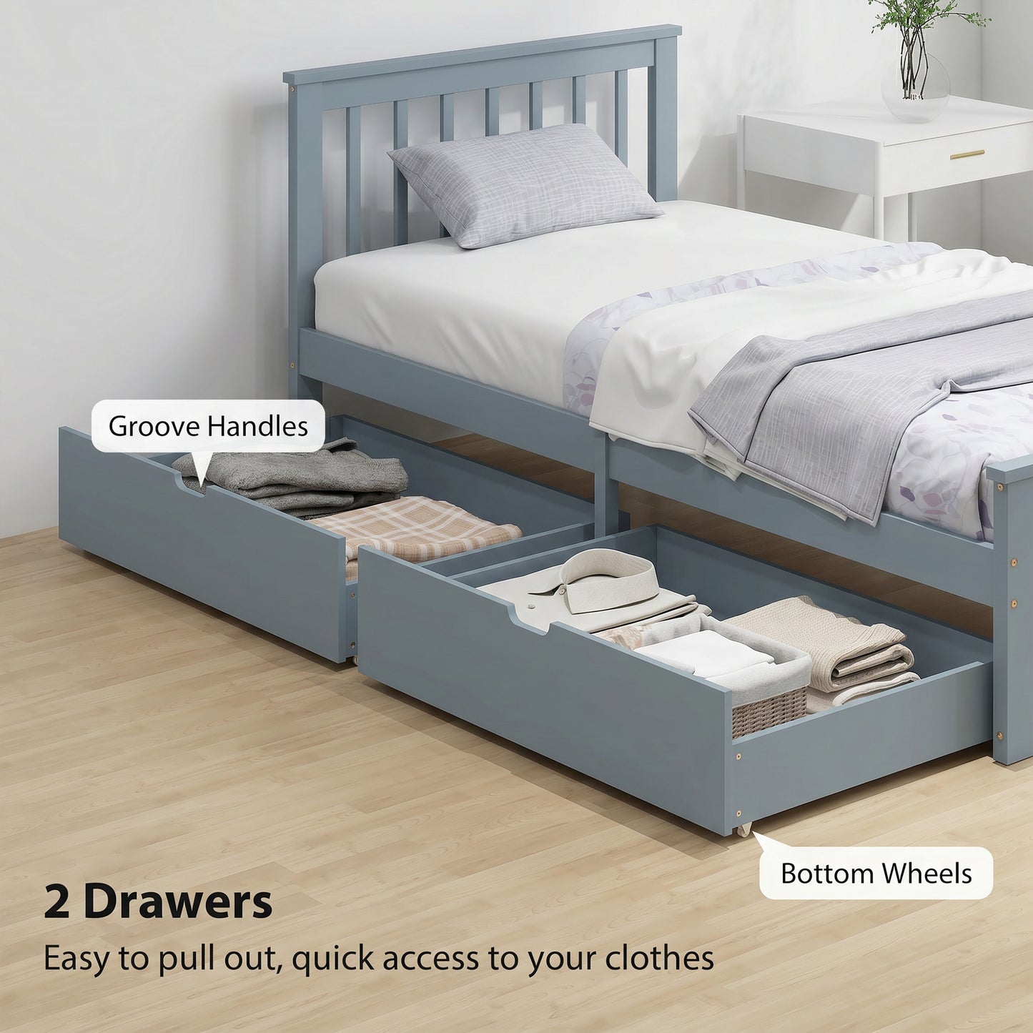 HOMCOM Pine Storage Bed 3ft Single Solid Wooden Bed Frame With Drawers Headboard Wood Slat Support Grey