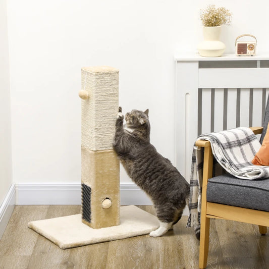 PawHut Jute Cat Scratching Post with Carpet Base and Hanging Toy - Beige