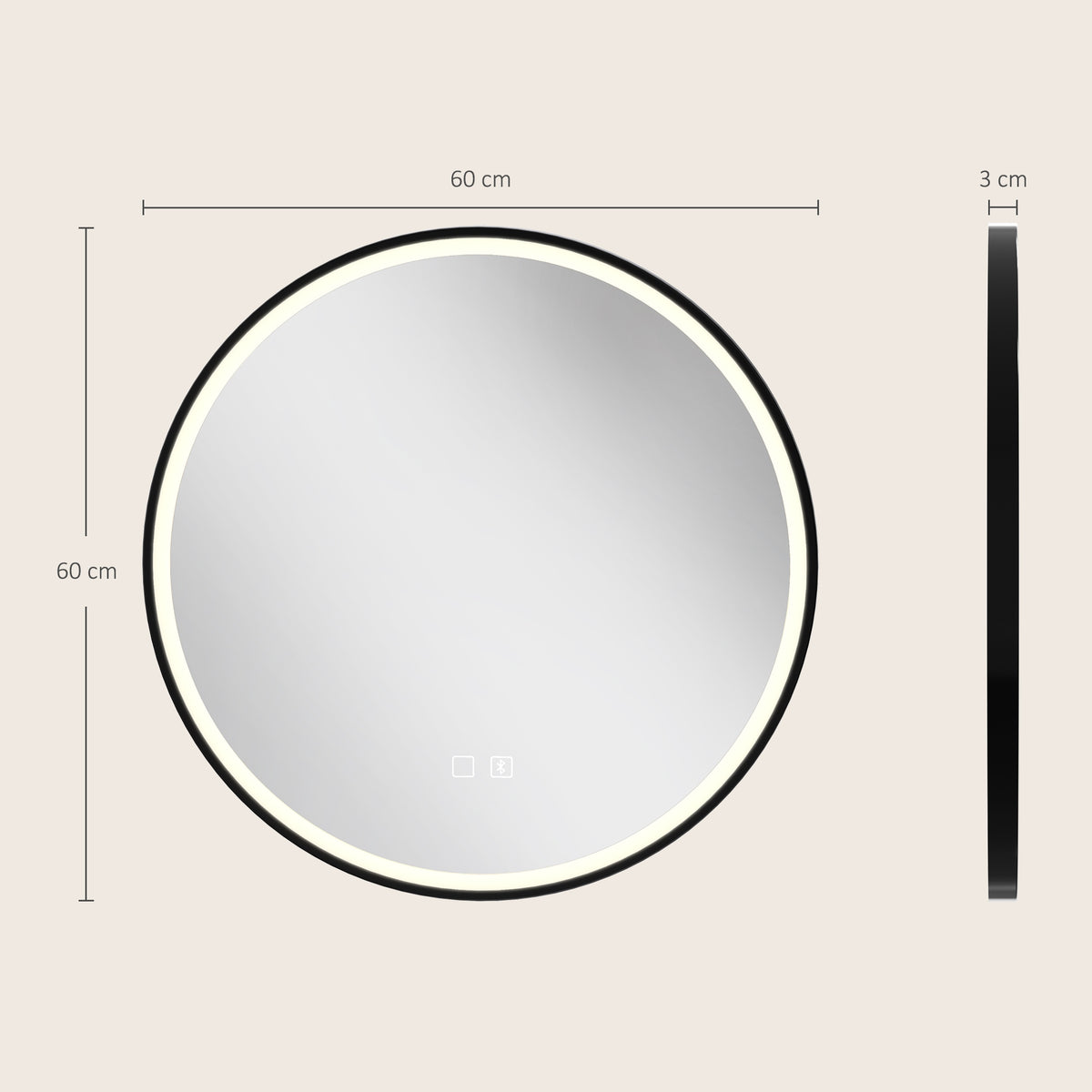 Round LED bathroom mirror front view, 60 cm size, slim 3 cm thickness