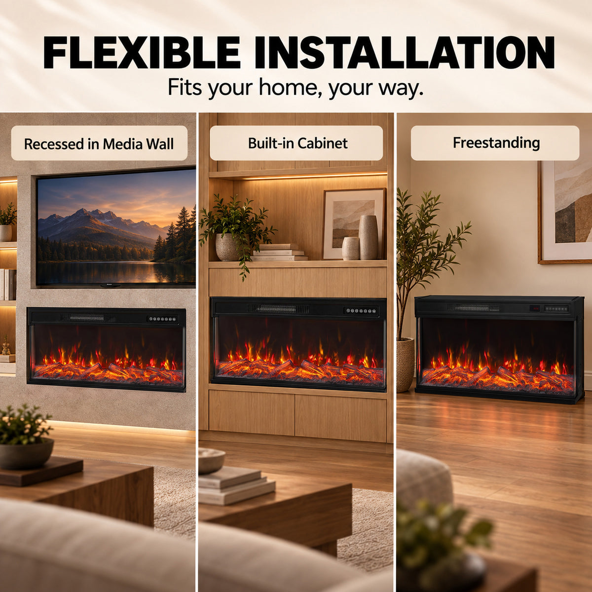 Electric fireplace wall heater shown in recessed, built-in cabinet, and freestanding setups