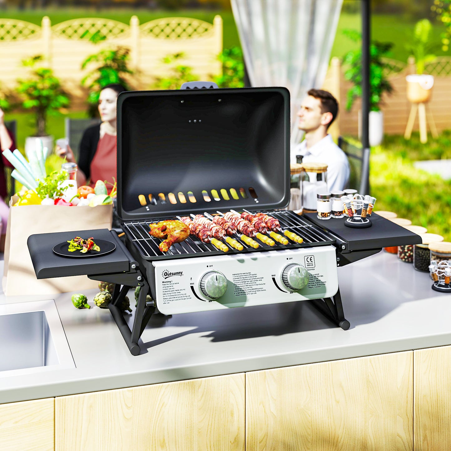 Outsunny Two Burner Compact Gas Grill Black With Piezo Ignition Side Shelves 1800 Square Centimeters Grilling Area