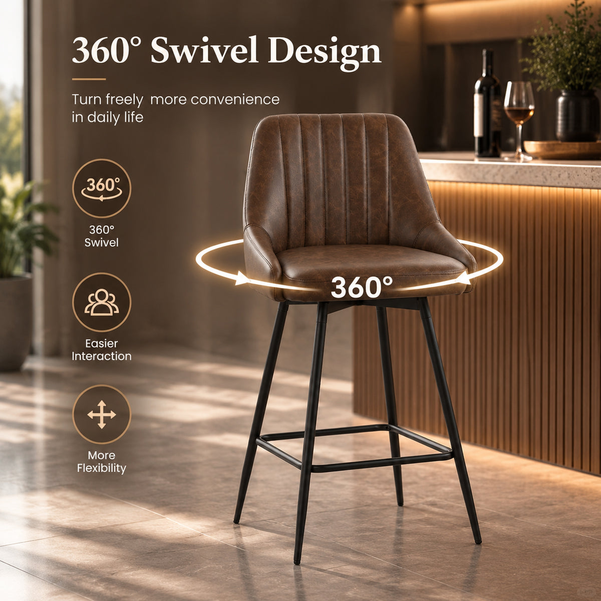 Dark brown 360-degree swivel counter-height bar stool with padded seat and black legs