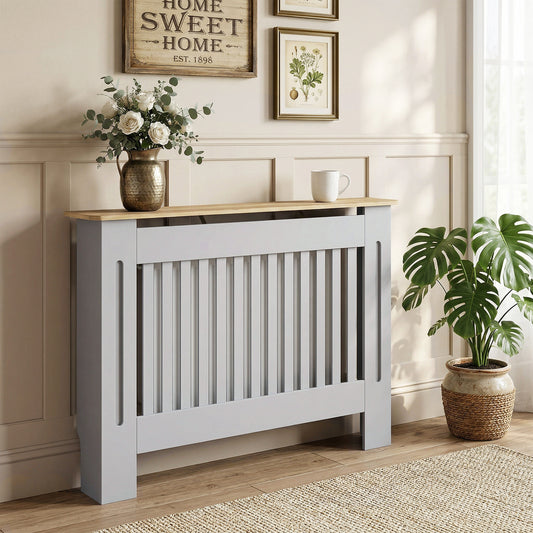 HOMCOM Slatted Radiator Cover Cabinet With Line Grill Design Grey 112 L 19 W 81 H Cm