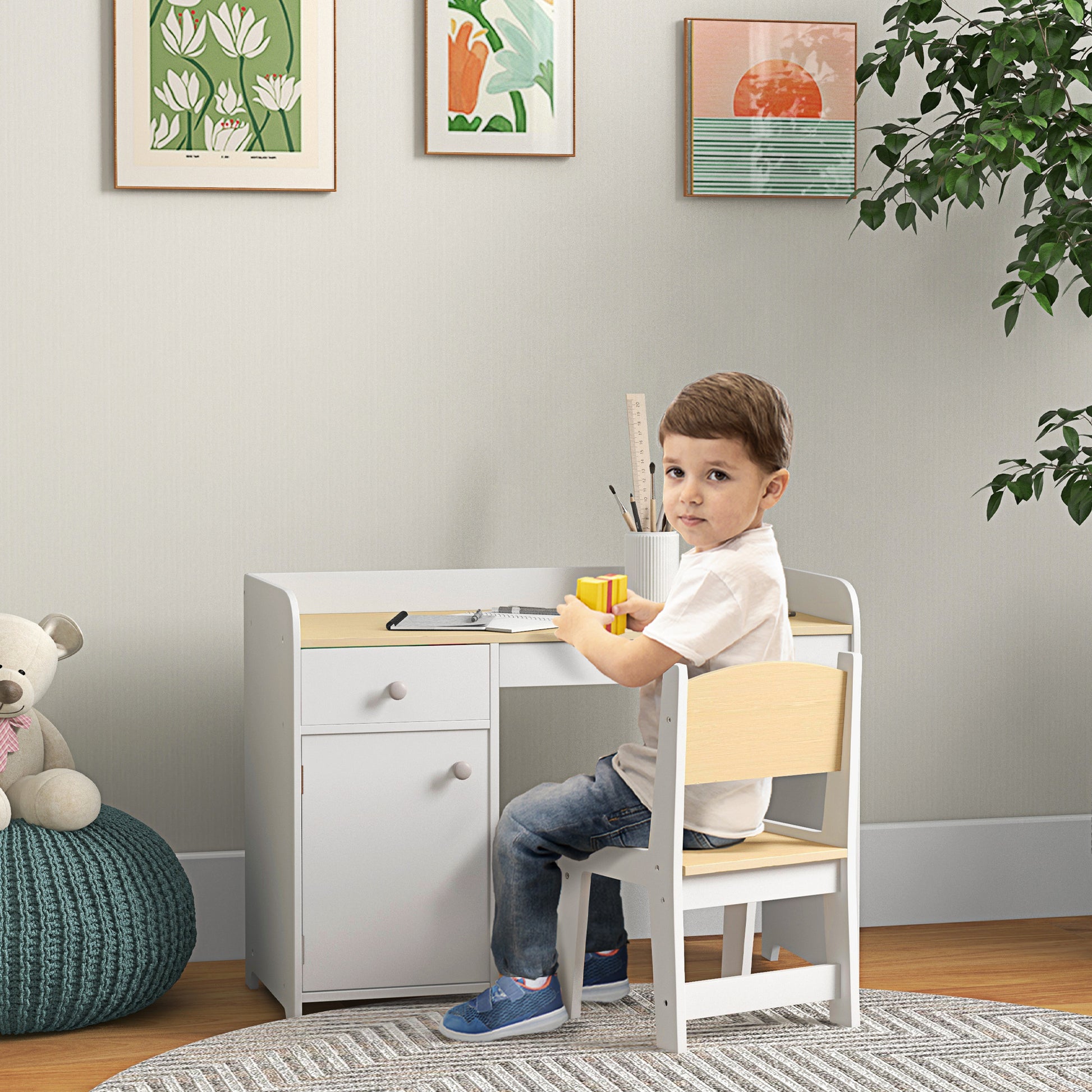 ZONEKIZ Kids Study Desk and Chair Set with Storage Drawer for Ages 3-6, White - ALL4U RETAILER LTD