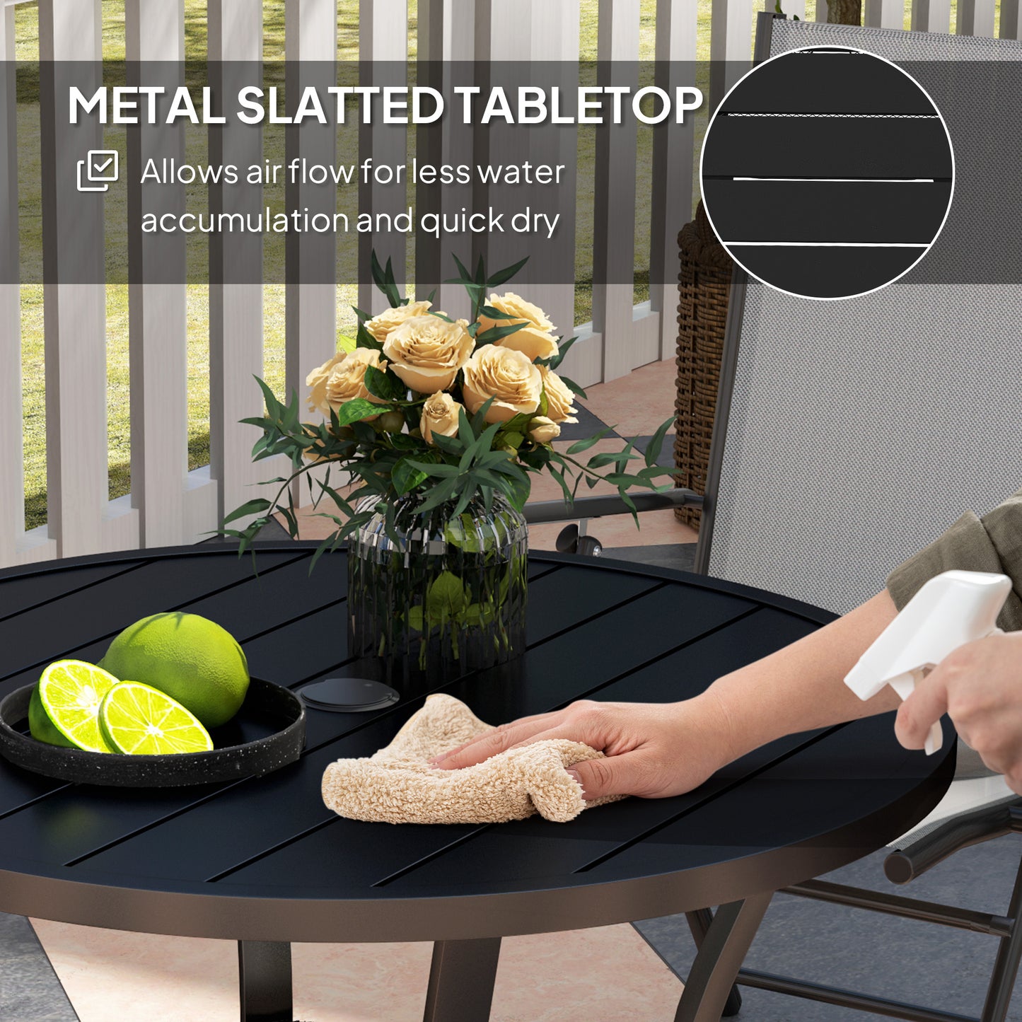 Outsunny 90 cm Round Garden Dining Table with Parasol Hole 40 to 50 mm Steel Slatted Top and Wire Shelf Black