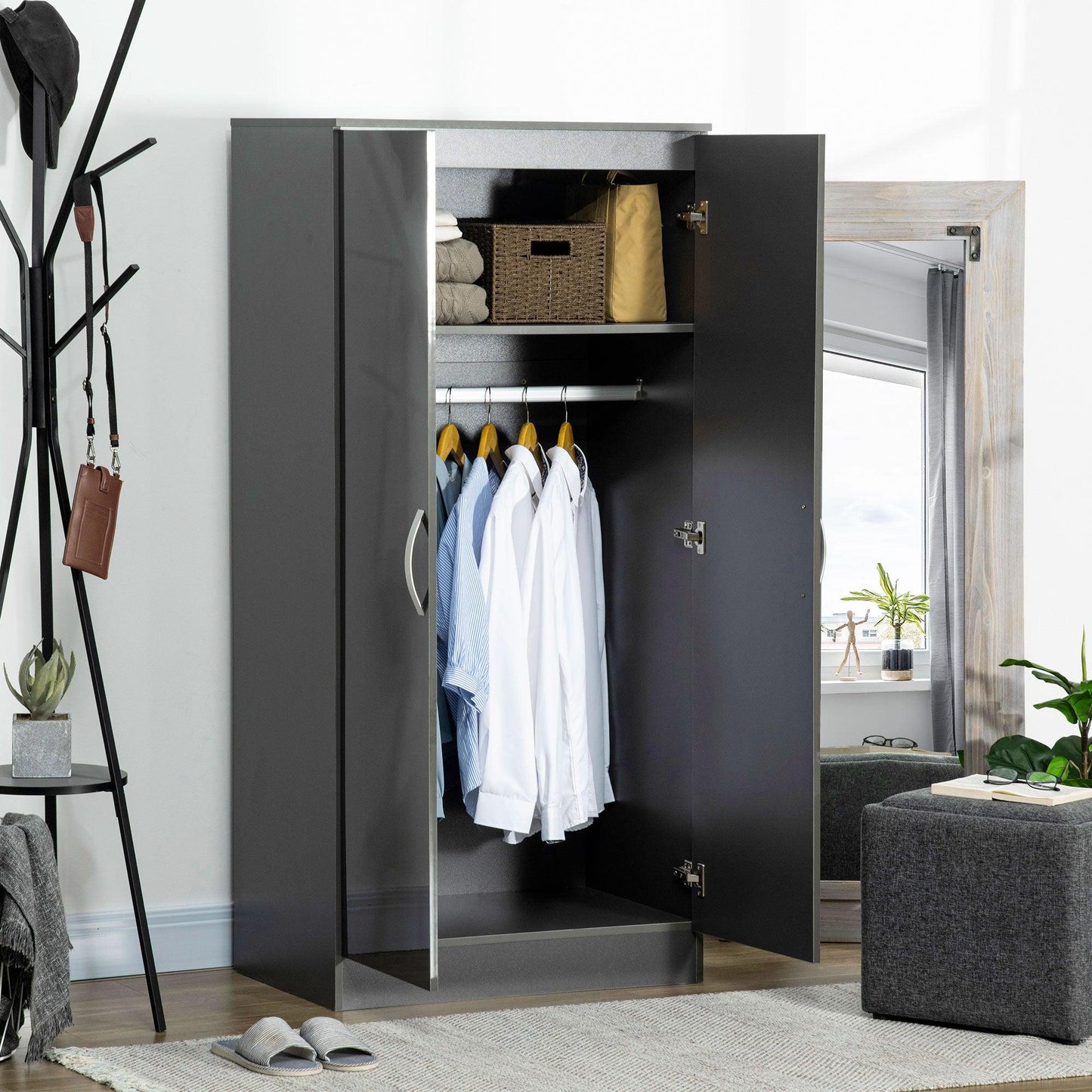 HOMCOM Modern Wardrobe Closet, Clothes Cabinet with High Glossing Door, Grey - ALL4U RETAILER LTD