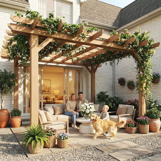 Outsunny Garden Pergola Kit Wooden Gazebo Grape Trellis With Stable Structure 3.6 X 3.6m Dark Brown