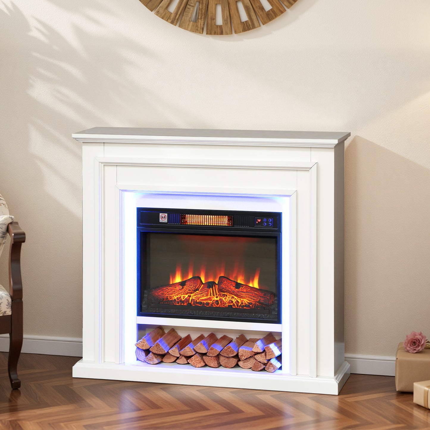 HOMCOM 4777 BTU Multicolour LED Electric Fireplace White Realistic Flame Effect Custom RGB Lighting Thermostat And Timer