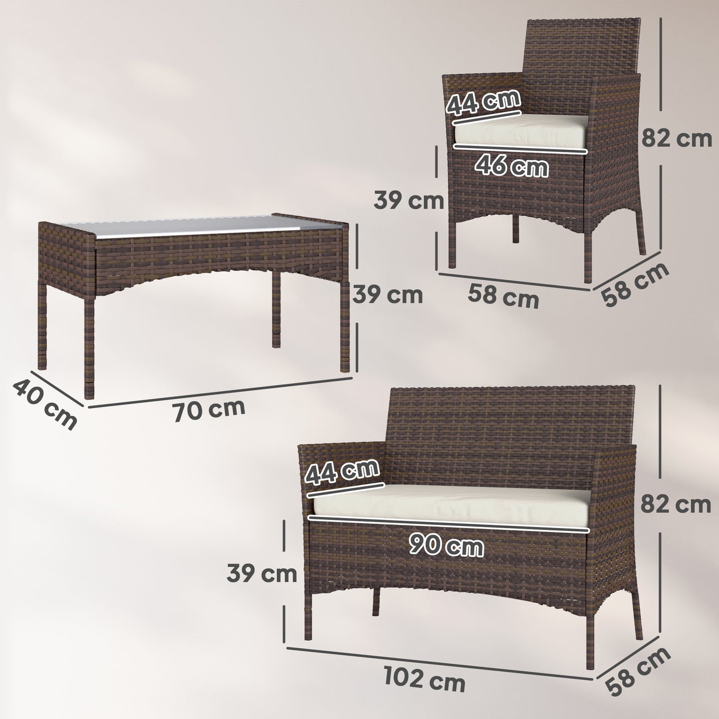 Outsunny 4 Piece Rattan Garden Furniture Set With Loveseat, Armchairs, Glass Top Coffee Table And Cushions, Brown