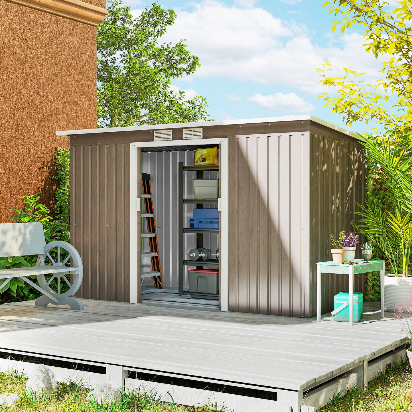 Outsunny 4x9 ft Metal Shed With Foundation Brown Outdoor Garden Tool Storage Shed
