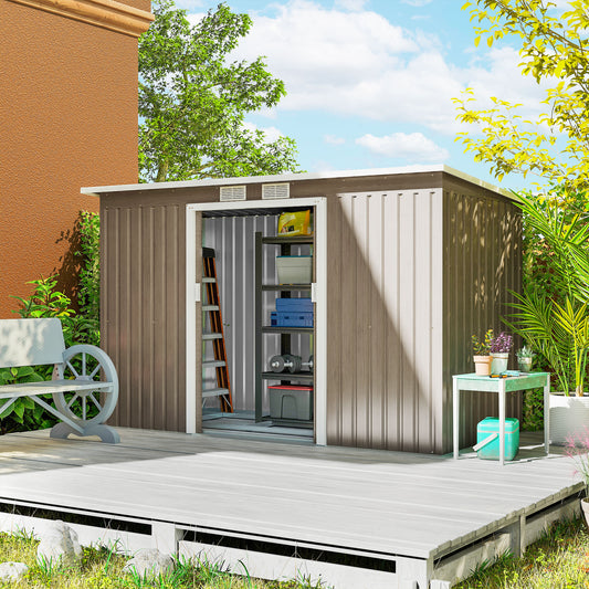 Outsunny 4x9 ft Metal Shed With Foundation Brown Outdoor Garden Tool Storage Shed