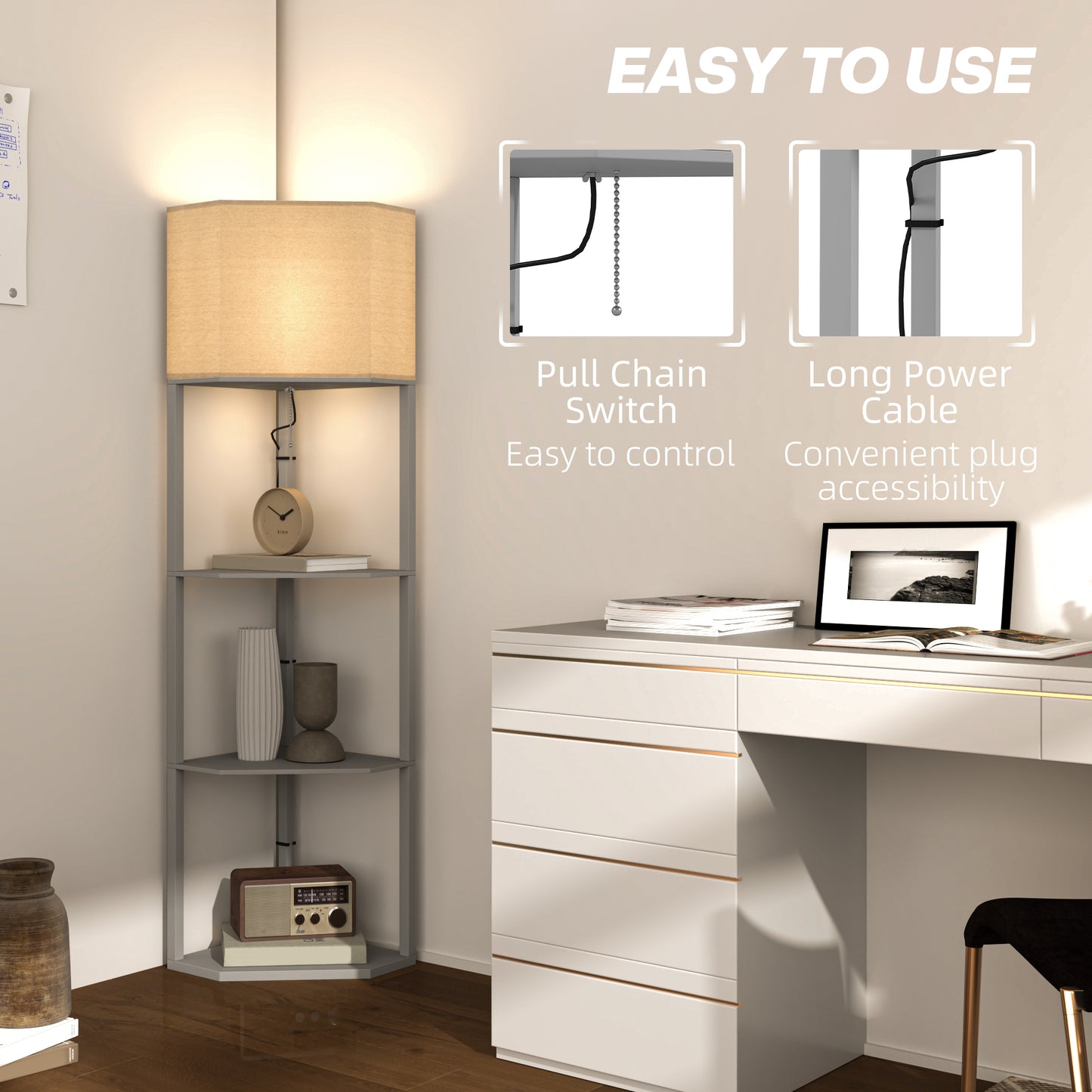 HOMCOM Corner Floor Lamp With Shelves 2 In 1 Standing Lamp For Living Room Pull Chain Switch Bulb Not Included Grey