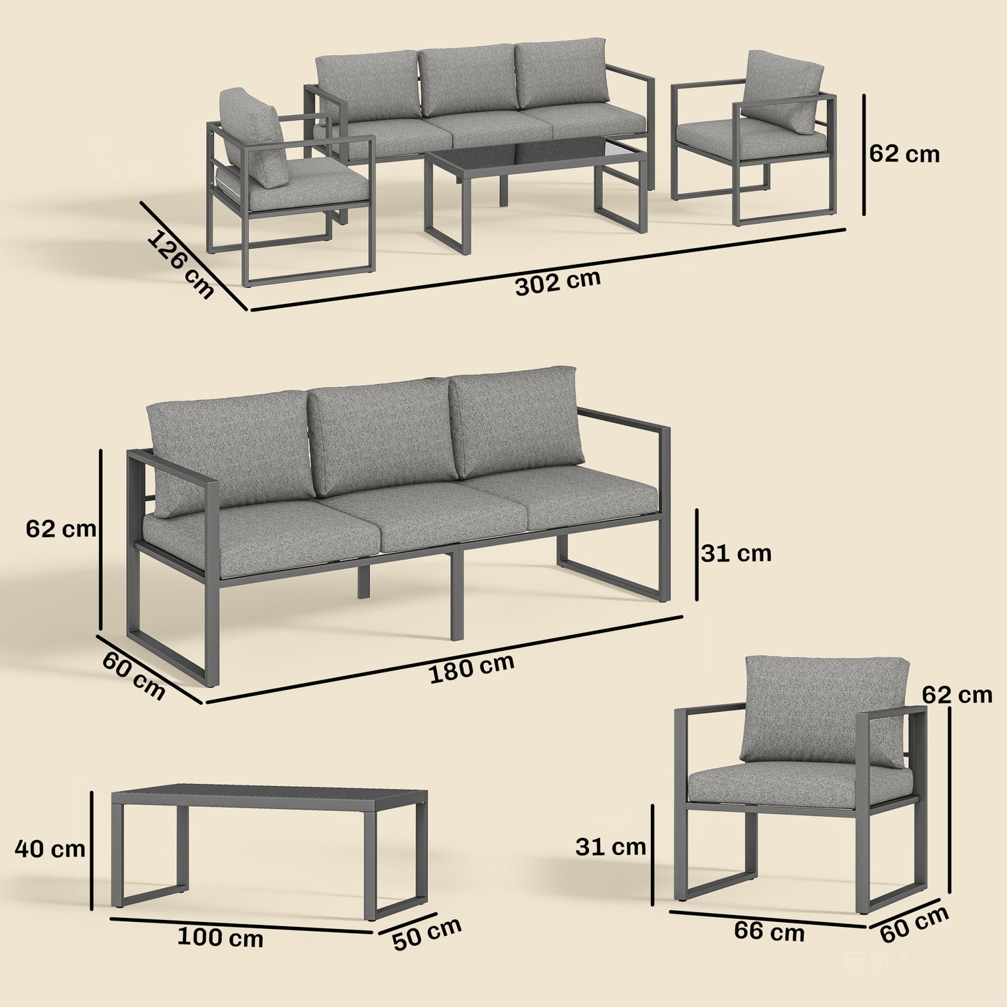 Outsunny 4 Piece Outdoor Patio Garden Furniture Set With 3 Seater Sofa Armchairs And Coffee Table