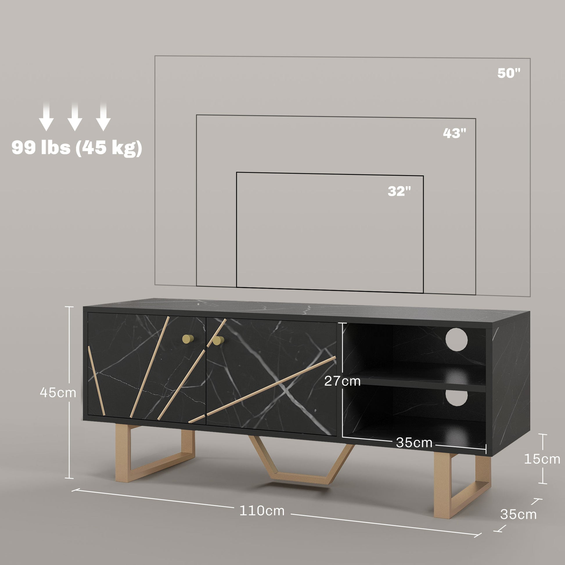 Modern Black Marble TV Stand with Storage for 50-Inch TVs, Versatile Living Room Unit - ALL4U RETAILER LTD