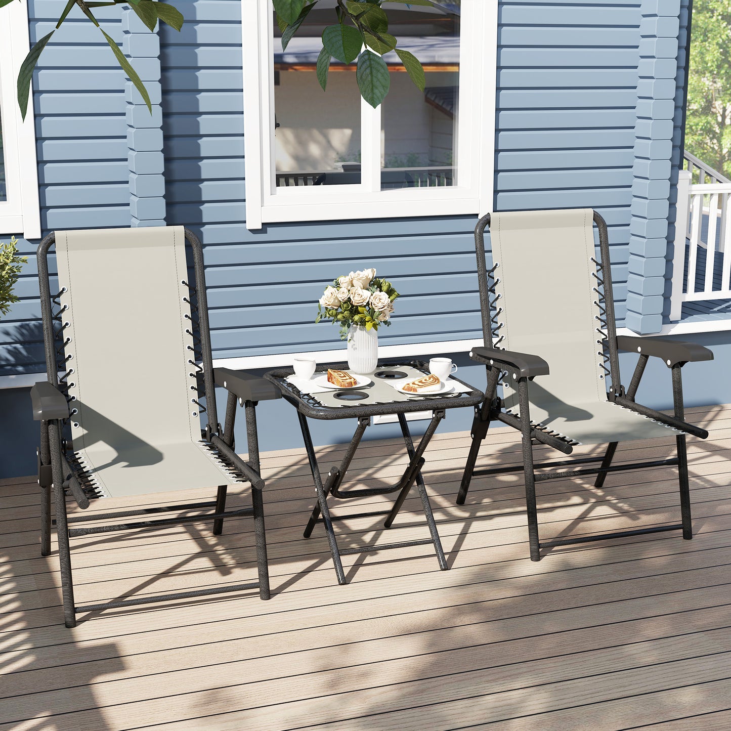 Outsunny Cream White Three Piece Garden Table And Chair Set With Two Armchairs And Coffee Table
