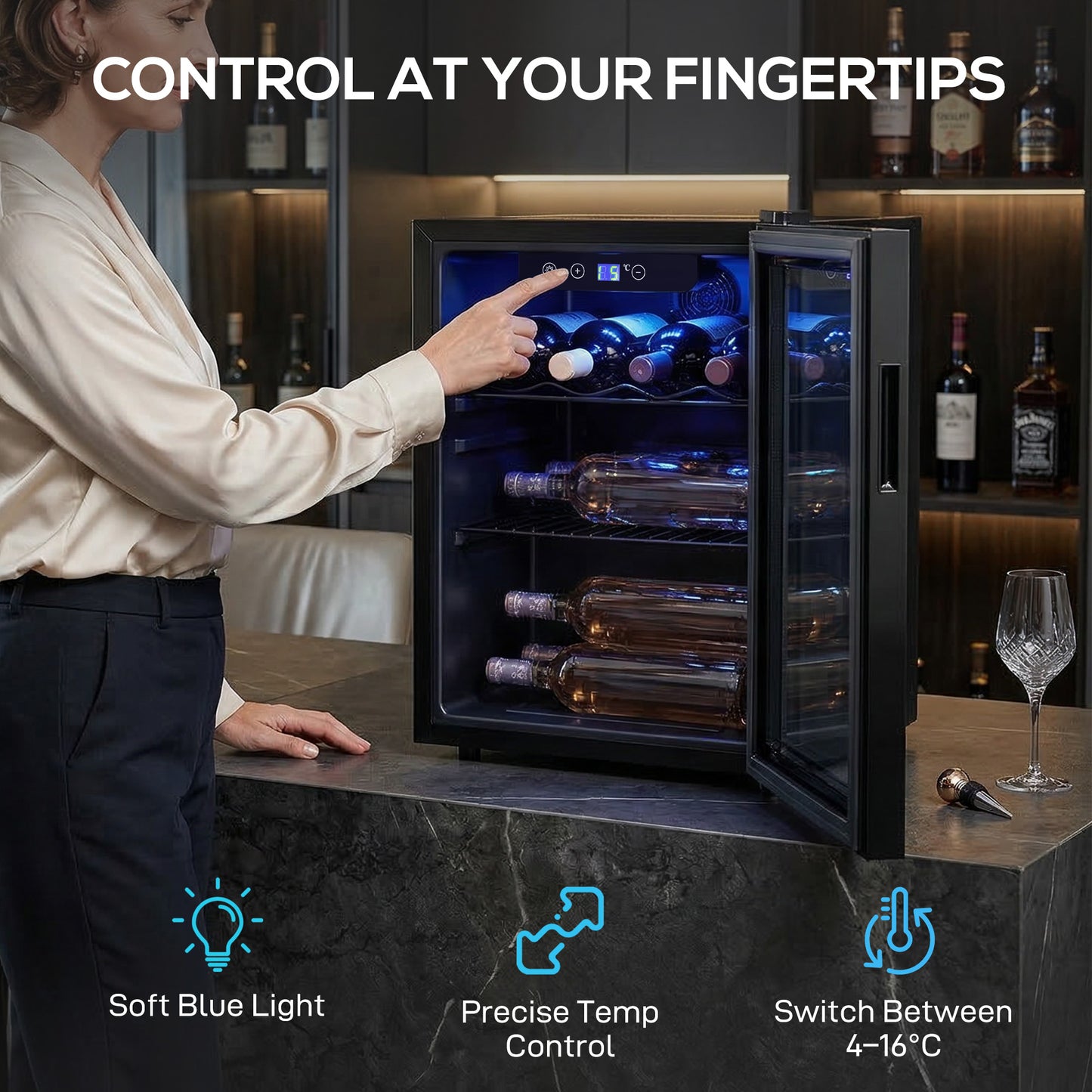 HOMCOM 16 Bottle Wine Cooler 48 Litre Capacity Under Counter Glass Door 4 to 16 Celsius LED Light Black