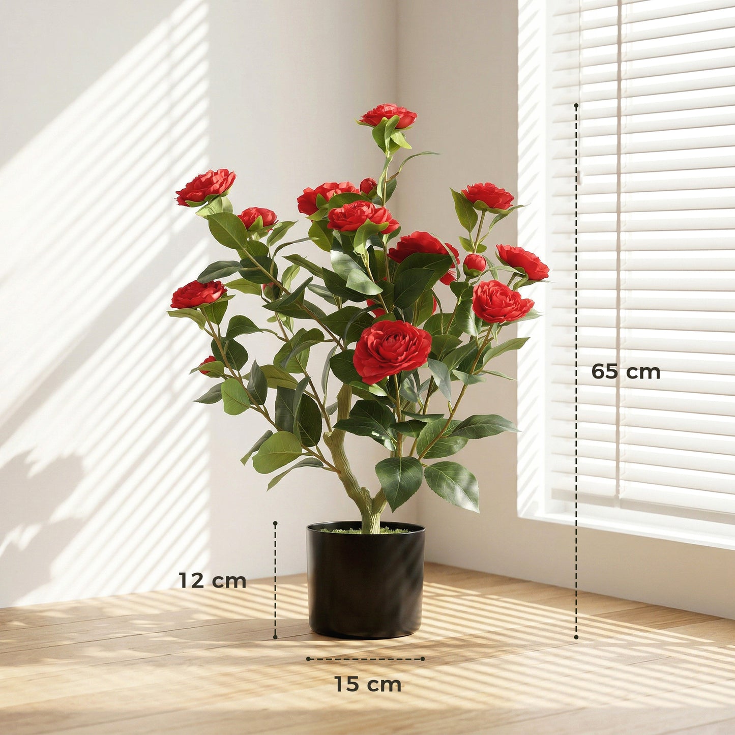 HOMCOM 65cm Artificial Camellia Flower Plant In Pot With 116 Lush Leaves And Moss Effect Red Silk Blossoms Weighted Base