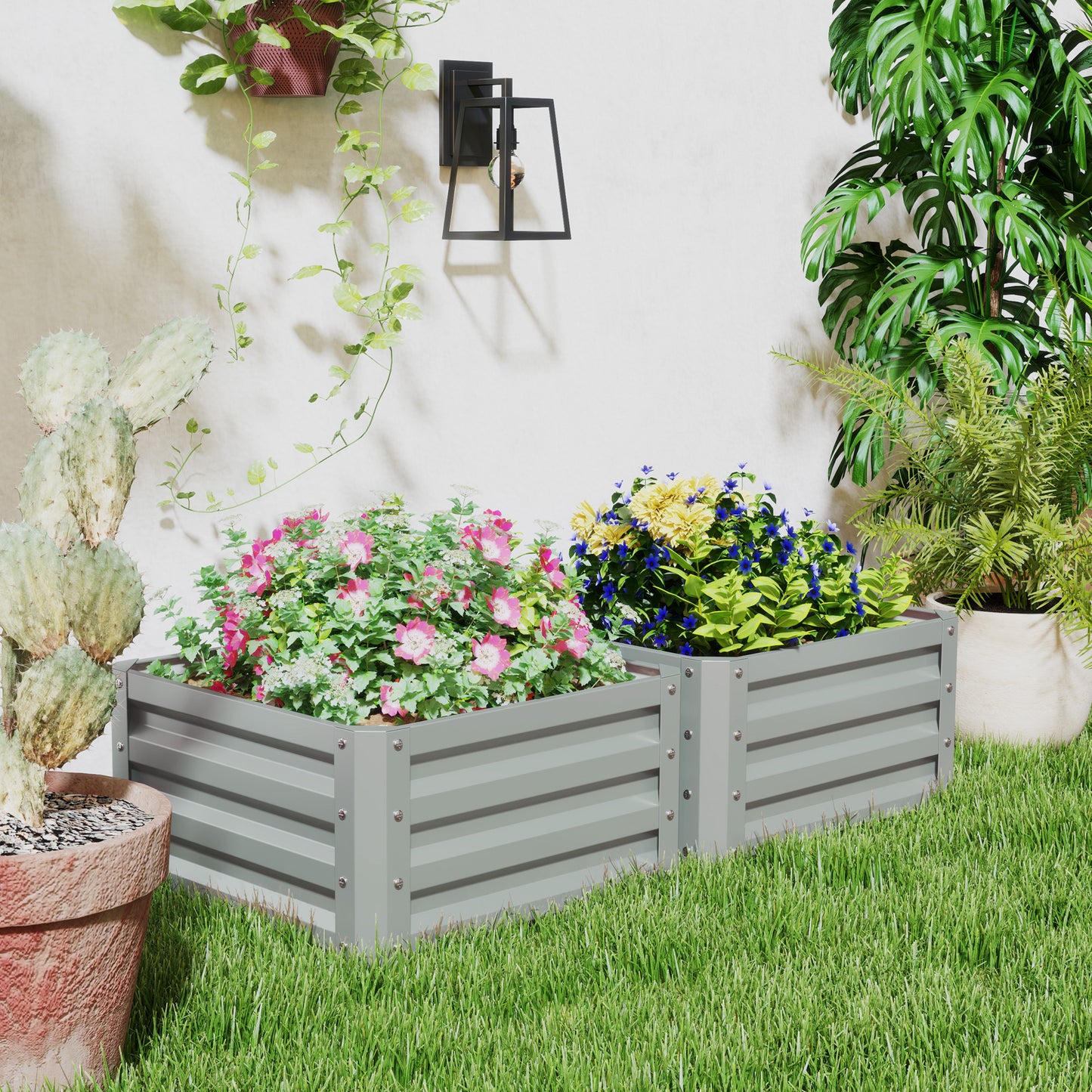 Outsunny Set Of Two 60x60cm Steel Planter Boxes Galvanised Open Bottom Raised Garden Containers For Outdoor Use