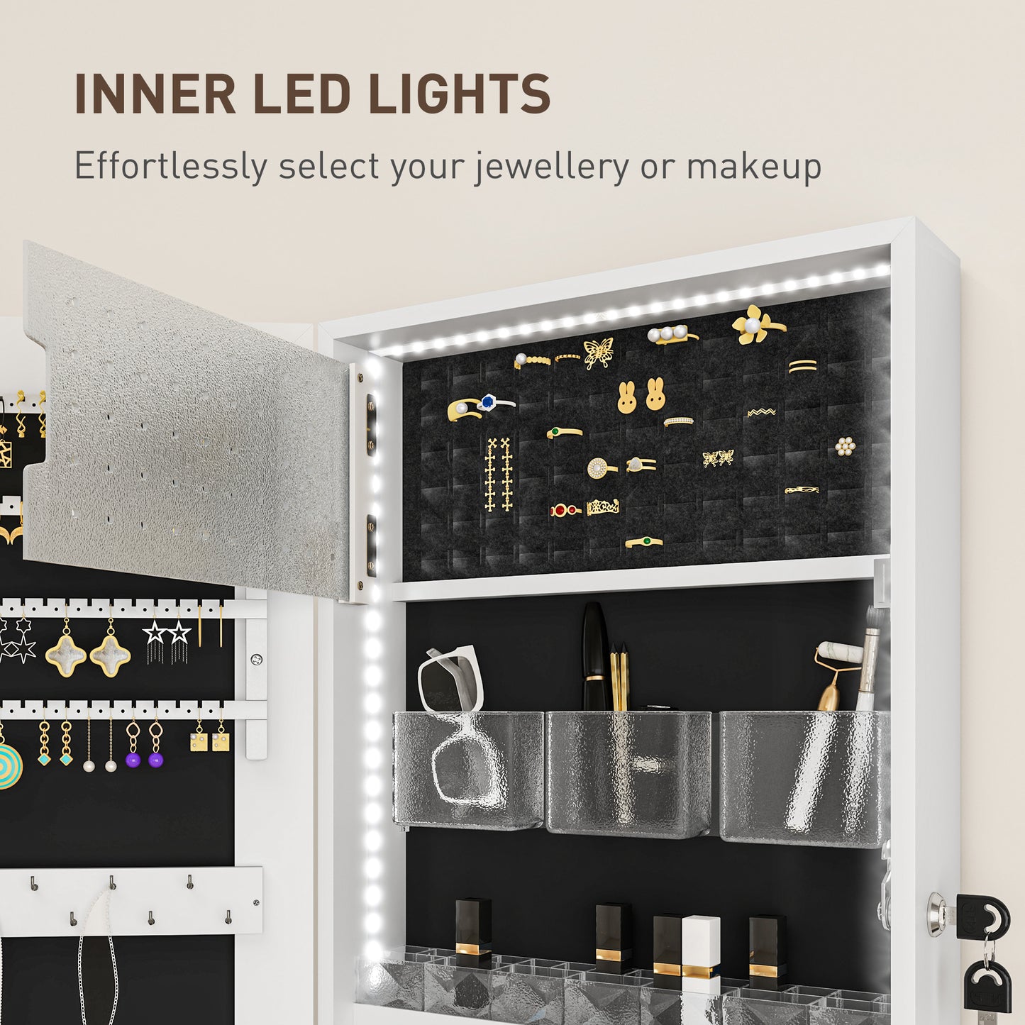 HOMCOM Lockable Jewellery Cabinet With LED Lights 108 x 37cm White Surface Black Lining Mirrored Jewellery Organizer