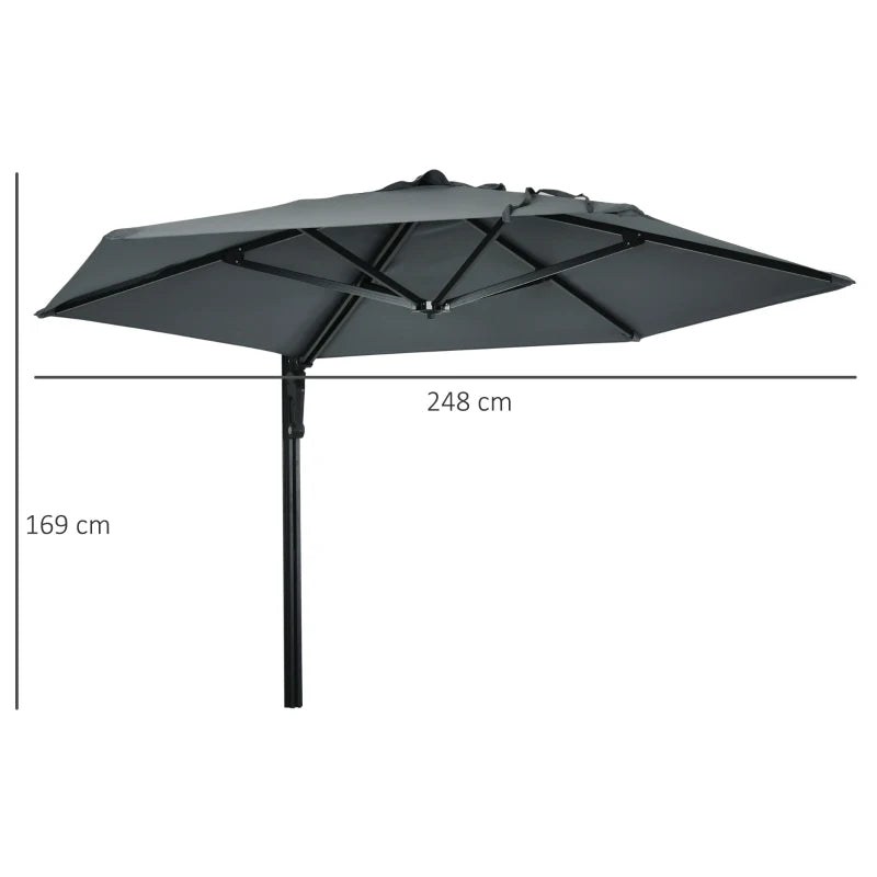 Outsunny 2.5m Wall Mounted Parasol - Hand Push Outdoor Patio Umbrella with 180° Rotatable Canopy for Porch, Deck, Garden - 250 cm, Dark Grey - ALL4U RETAILER LTD