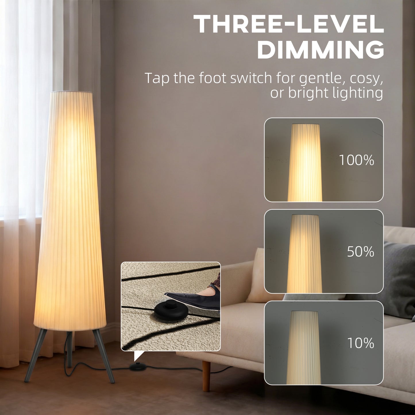 HOMCOM Dimmable Tripod Floor Lamp With Foot Switch Nordic Fabric Shade Standing Lamp 153cm White And Grey