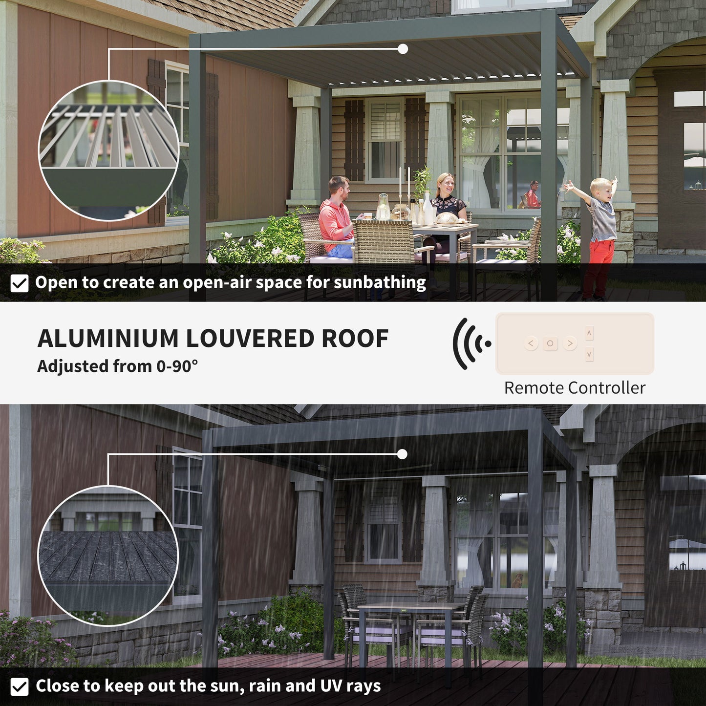 Outsunny 3x3m Electric Louvered Pergola With LED Lights Aluminium Hardtop Gazebo Remote Control Adjustable Roof