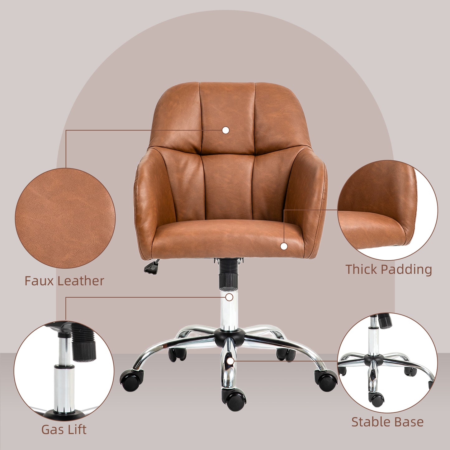 Vinsetto Elegant Brown PU Leather Swivel Office Chair with Adjustable Height and Wheels, Ideal for Home Study and Makeup Vanity