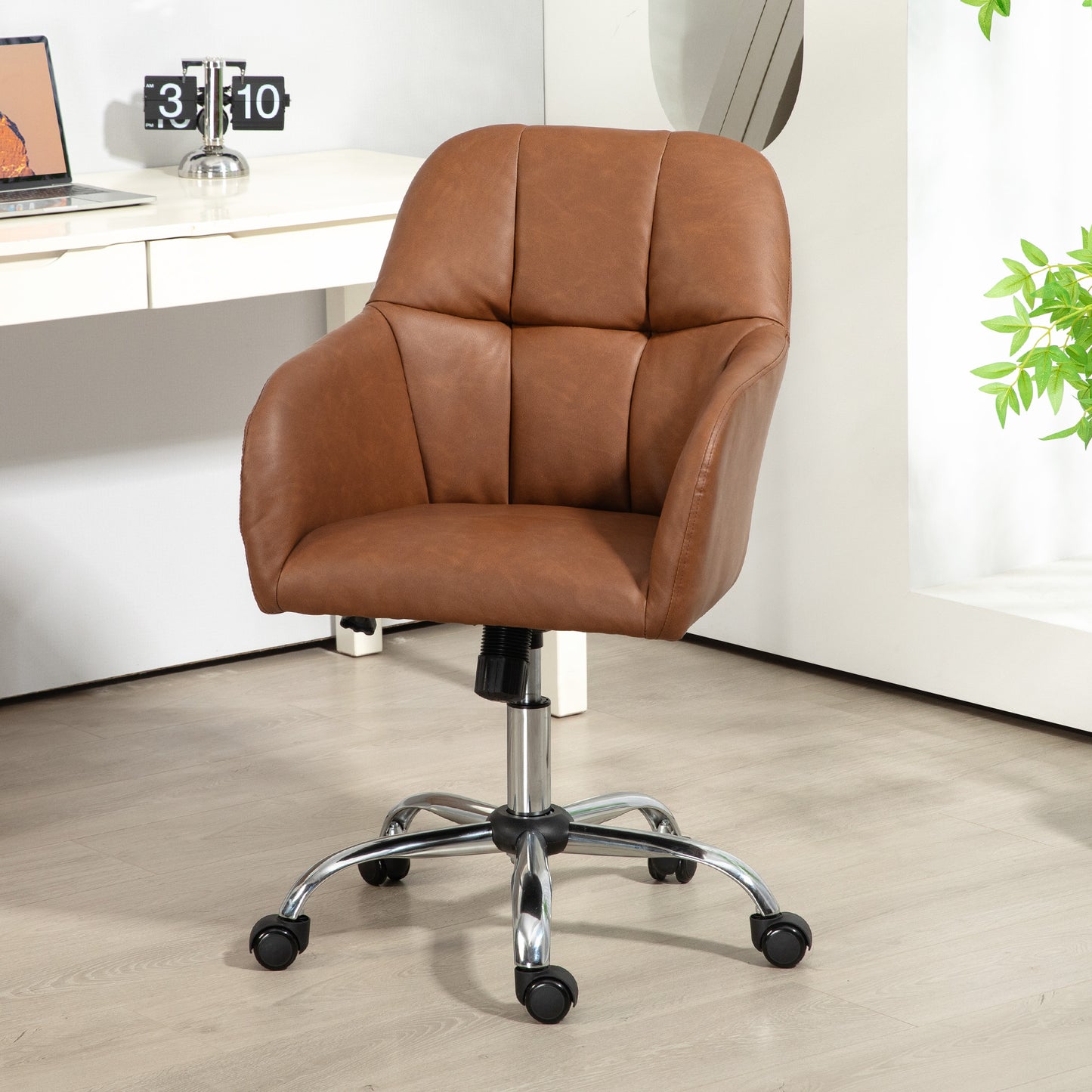 Vinsetto Elegant Brown PU Leather Swivel Office Chair with Adjustable Height and Wheels, Ideal for Home Study and Makeup Vanity