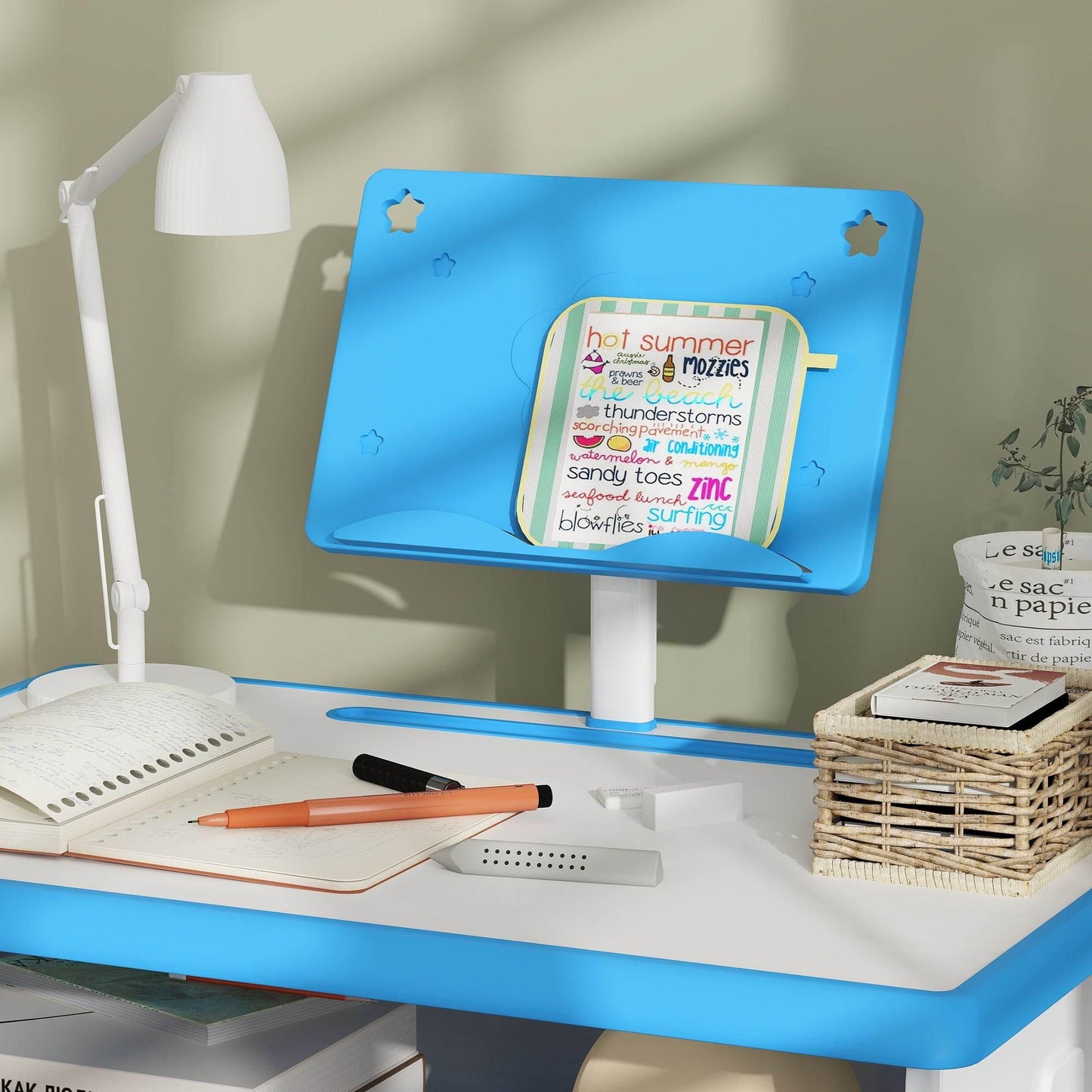HOMCOM Blue Kids Study Desk and Chair Set with Storage, Adjustable Height and Book Stand - ALL4U RETAILER LTD