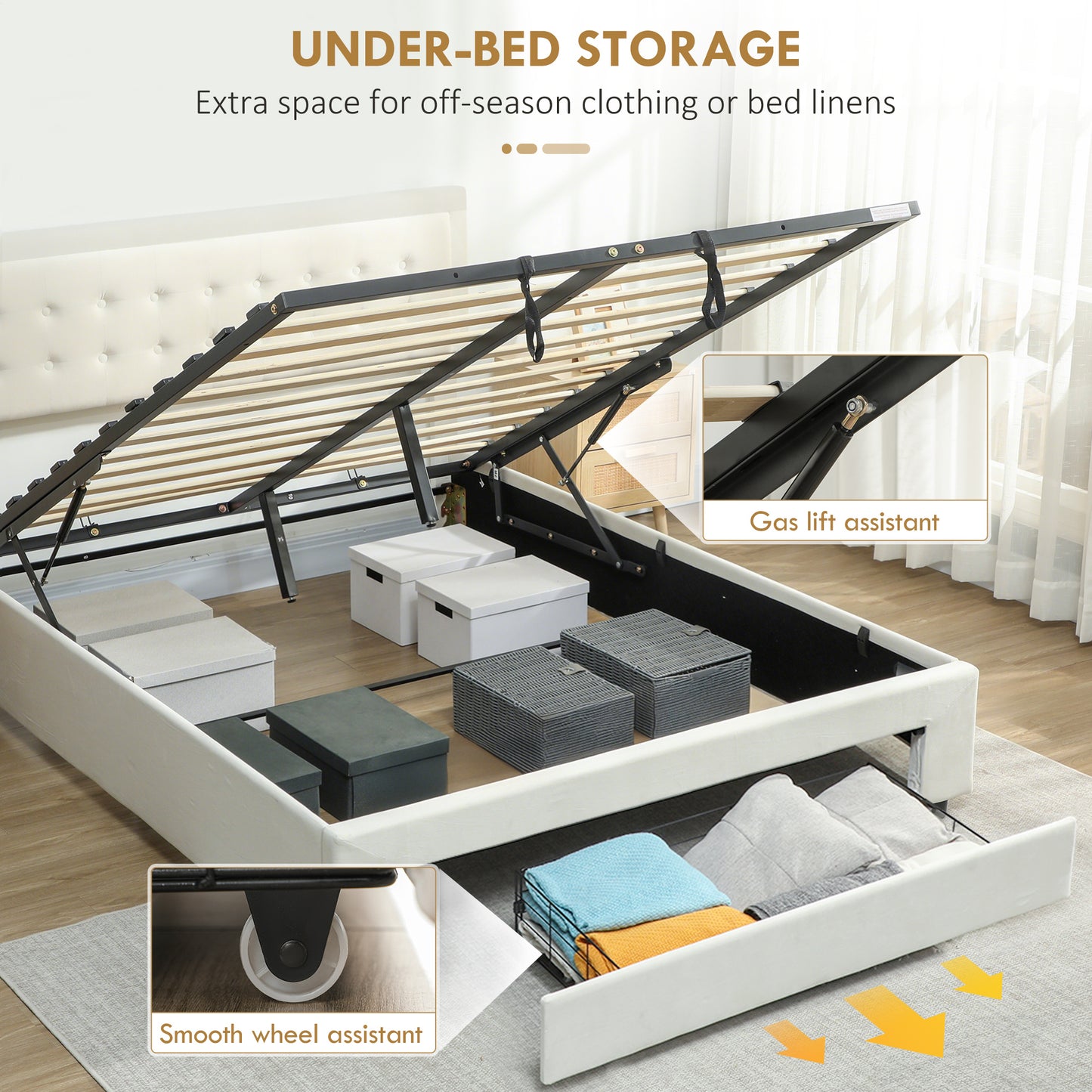 HOMCOM King Size Ottoman Bed Frame With Front Drawer And Gas Lift Storage In Cream