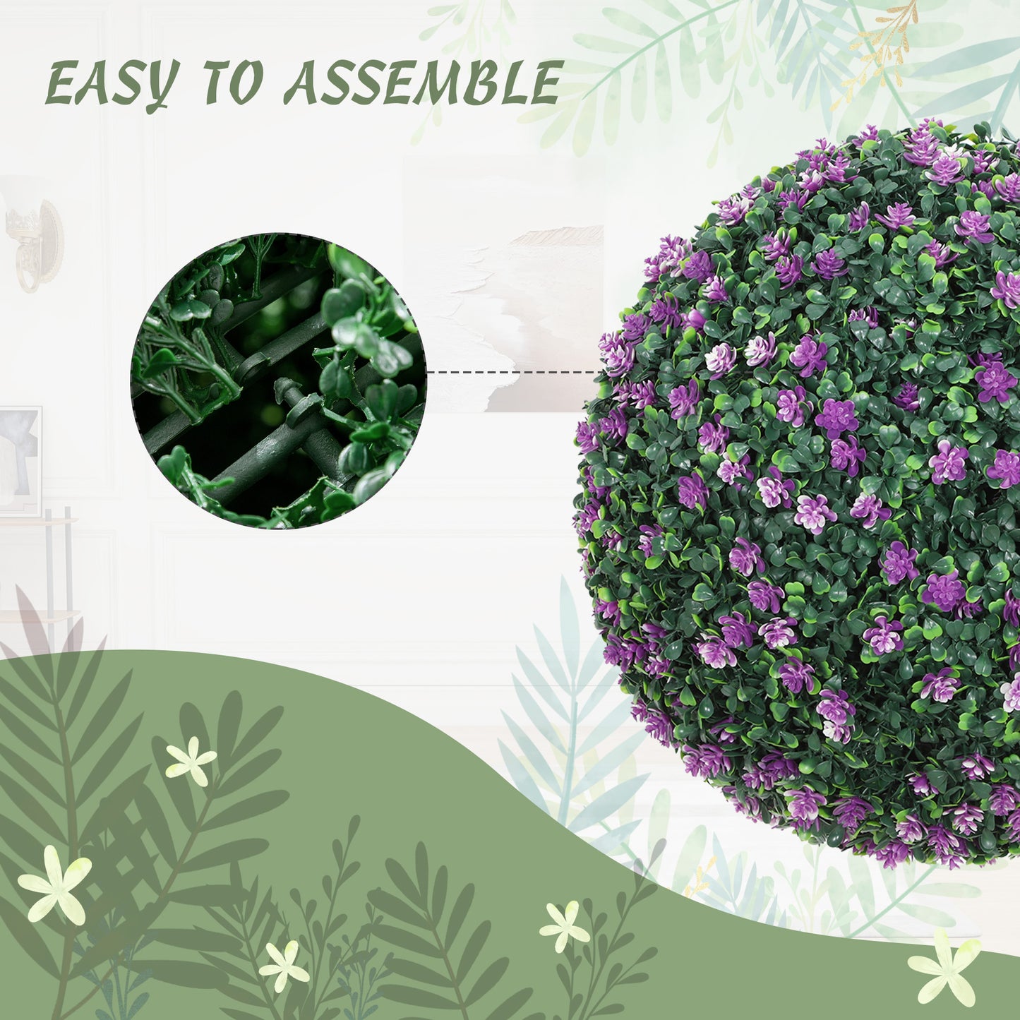 HOMCOM Set of Two Artificial Boxwood Balls Purple for Realistic Indoor Outdoor Decor