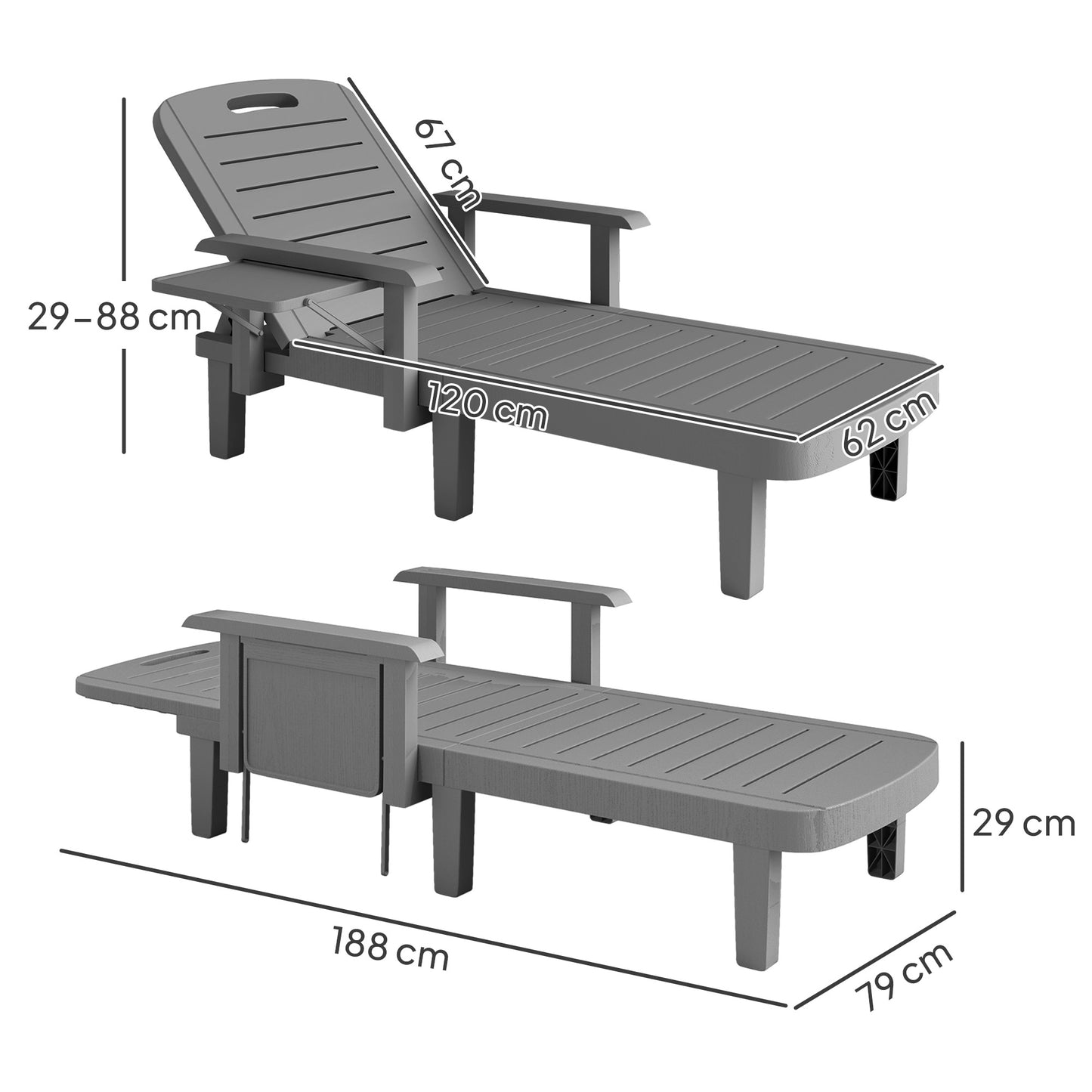 Outsunny 2 Pack Resin Sun Loungers Garden Beach 5 Position Adjustable Wood Grain Surface Foldable Table Dark Grey