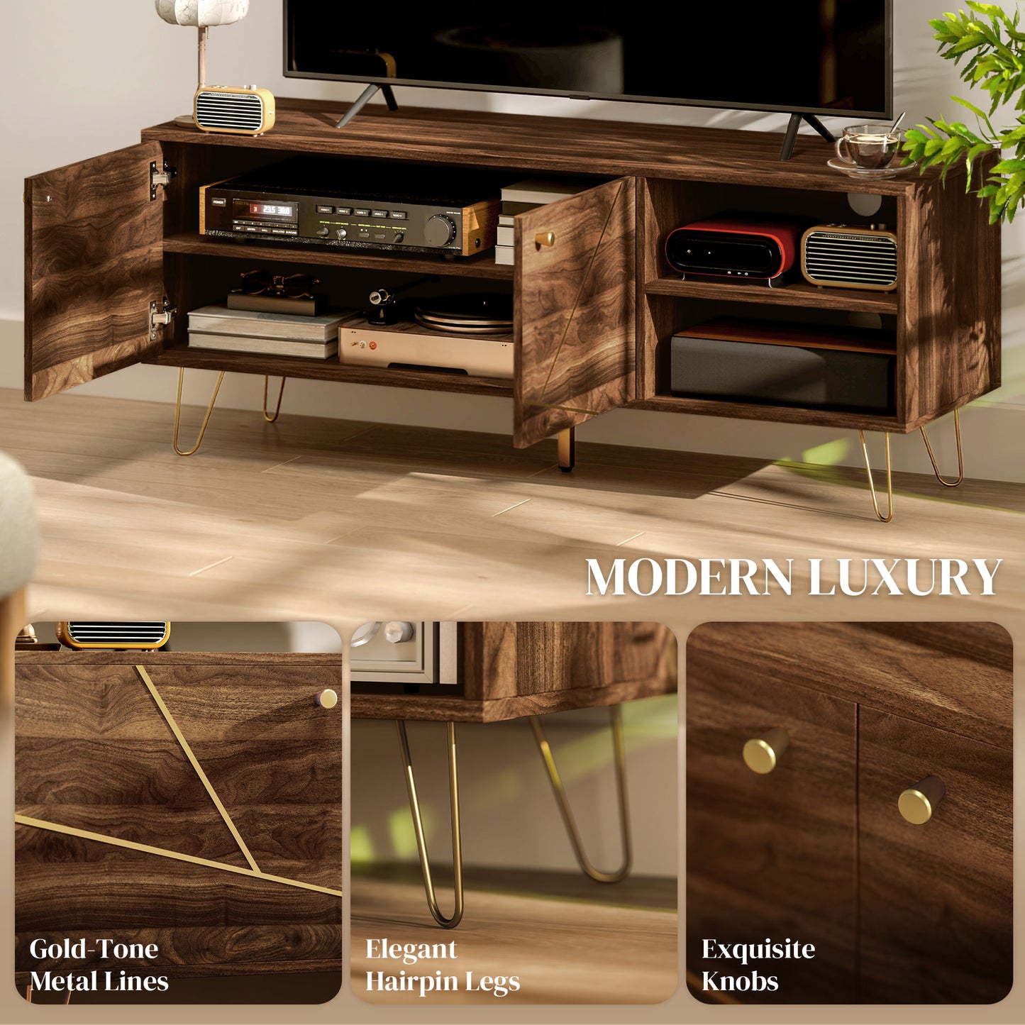 HOMCOM TV Stand Cabinet For Up To 60 Inch TV Modern 130cm Unit With Adjustable Shelves And Hairpin Legs Brown
