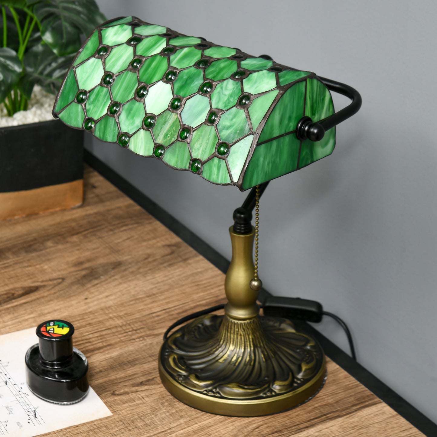 HOMCOM Handcrafted Antique Stained Glass Bedside Lamp with Green Shade for Bedroom and Living Room Decor - ALL4U RETAILER LTD